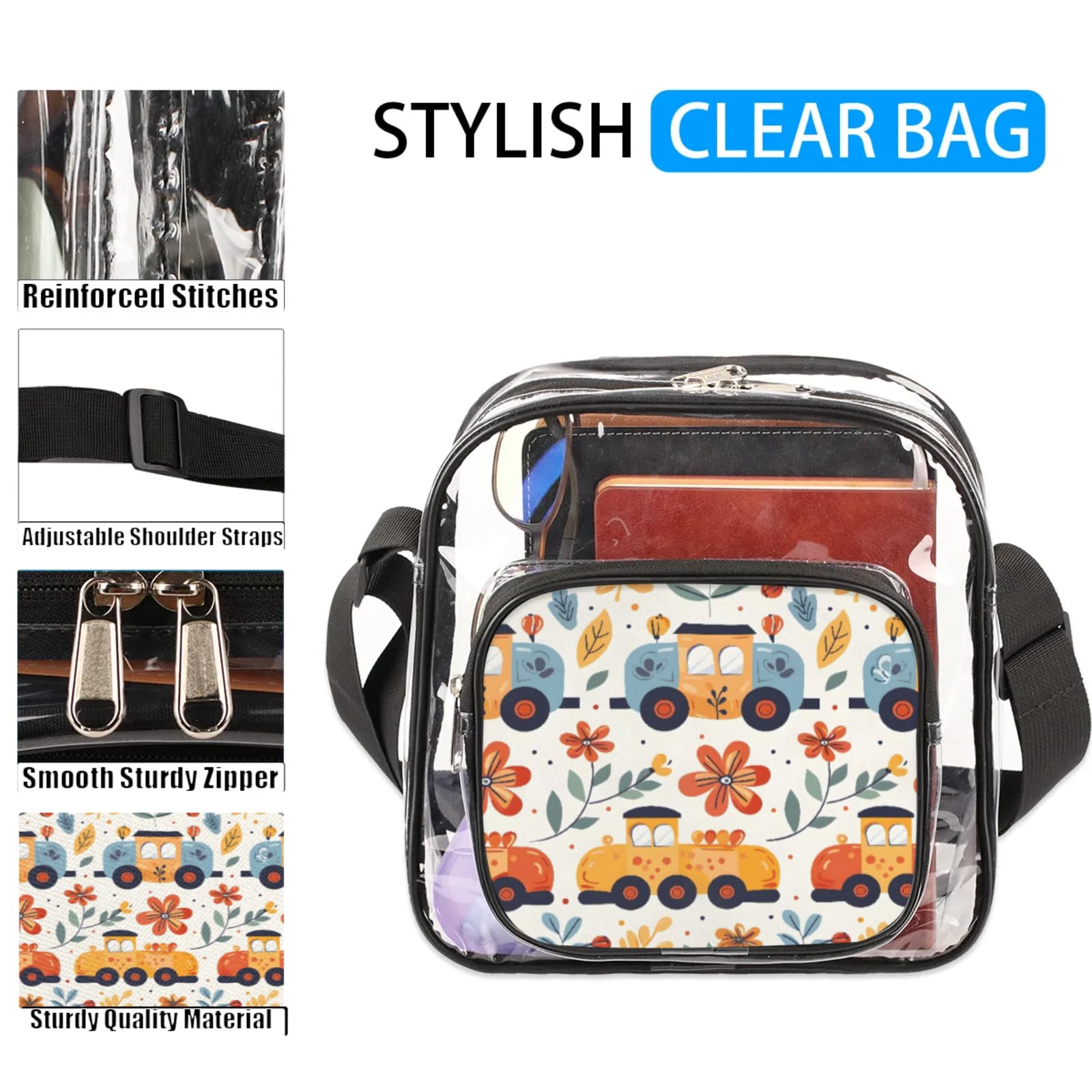 Clear Crossbody Bag Stadium Approved Cartoon Cars Transparent Bag for Festivals, Sports Events, Concerts,Beach Bag for Women Men Clear Purse with Front Pocket Messenger Bag with Adjustable Strap