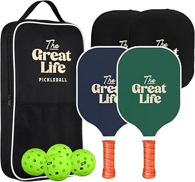 Pickleball Paddle Premium Set | 2 Carbon Fiber Paddles & 4 Balls | Sports Bag & Paddle Cover Included | Beginner | 6" Handle | Honeycomb Core | Lightweight | Retro & Stylish