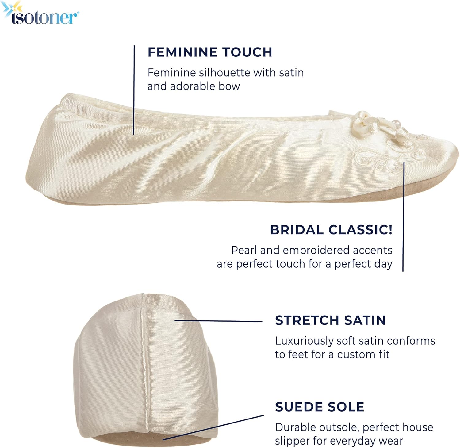 Isotoner Women's Satin Ballerina Slippers with Embroidered Pearl Ballet Flat : Amazon.ca