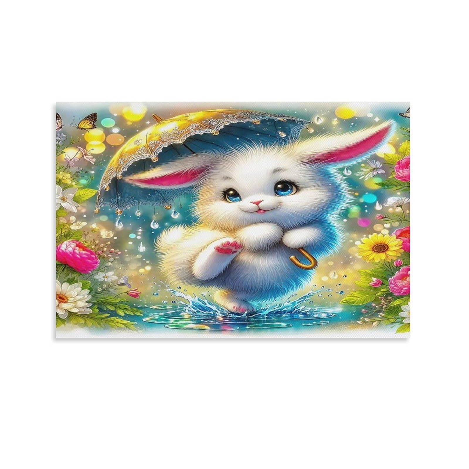 CPLVKWRQJ Sleeping Rabbit Under Moonlight Single Fluffy White Bunny Flower Splash Sunny Brook Canvas Wall Decor - Kitchen Removable Wall Art Multi-Purpose Focal Point Decor 20x30inch(50x75cm)