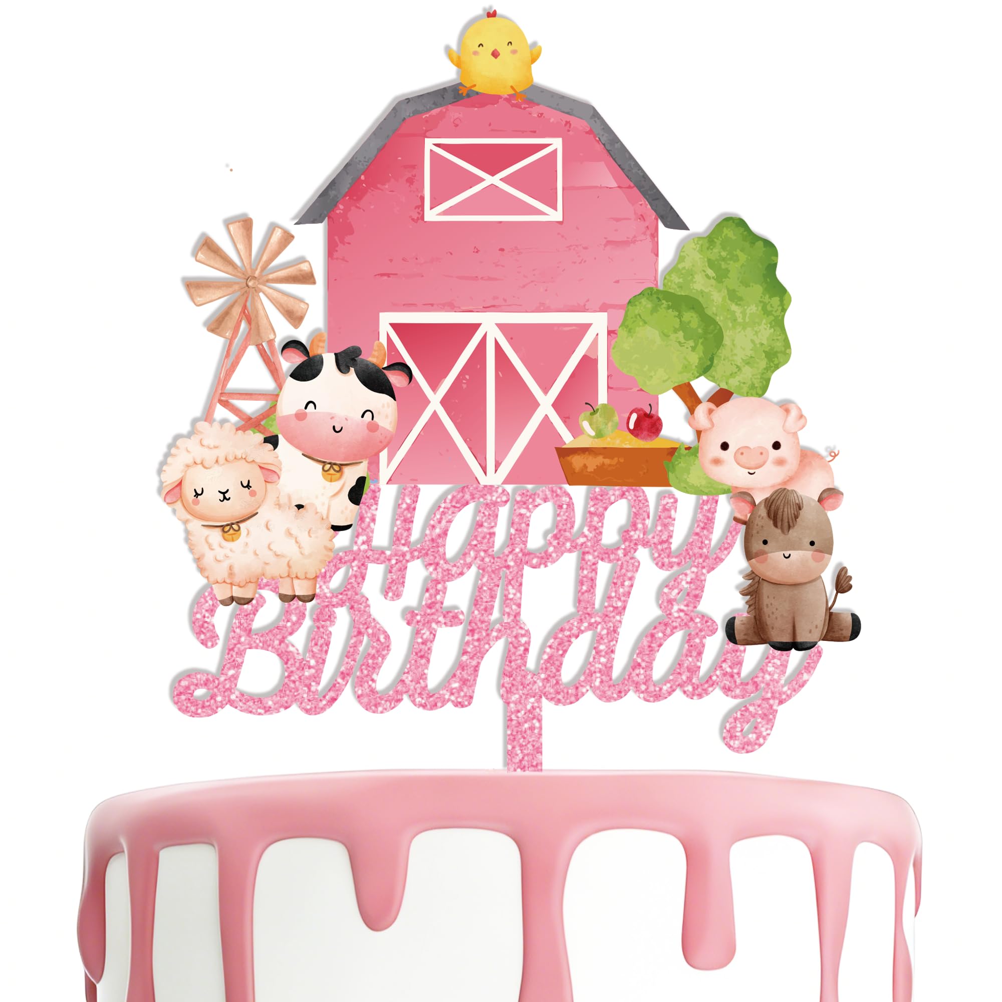 Photo 1 of Farm Animal Birthday Cake Topper 1Pcs Pink Barn Acrylic Cake Decoration