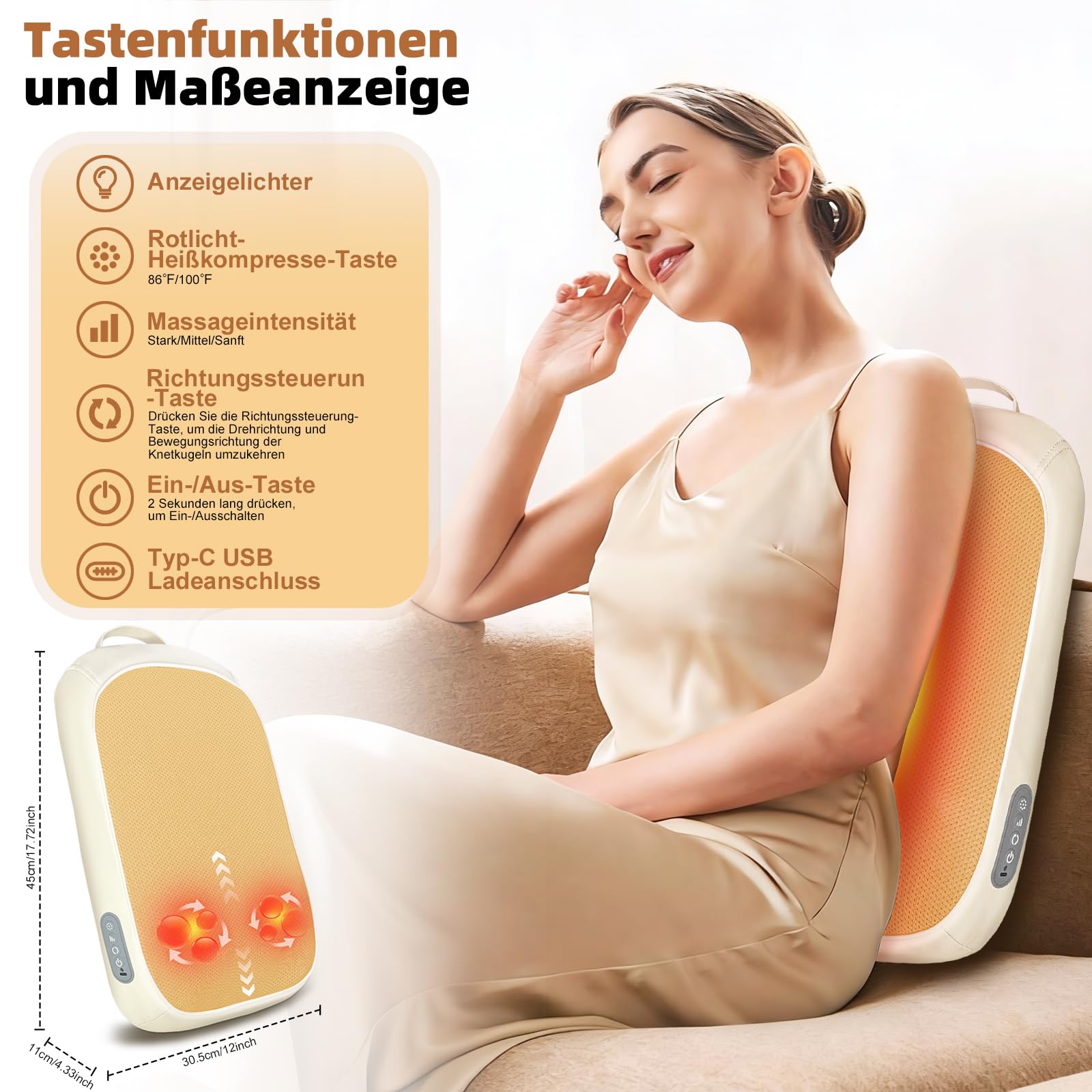 Shiatsu Nackenmassagegerät Rücken Massagekissen, Kabellos Knetmassagegerät mit 3 Intensitäten, Wärme & Rollfunktion, zur Schmerzlinderung, für Zuhause Büro Auto