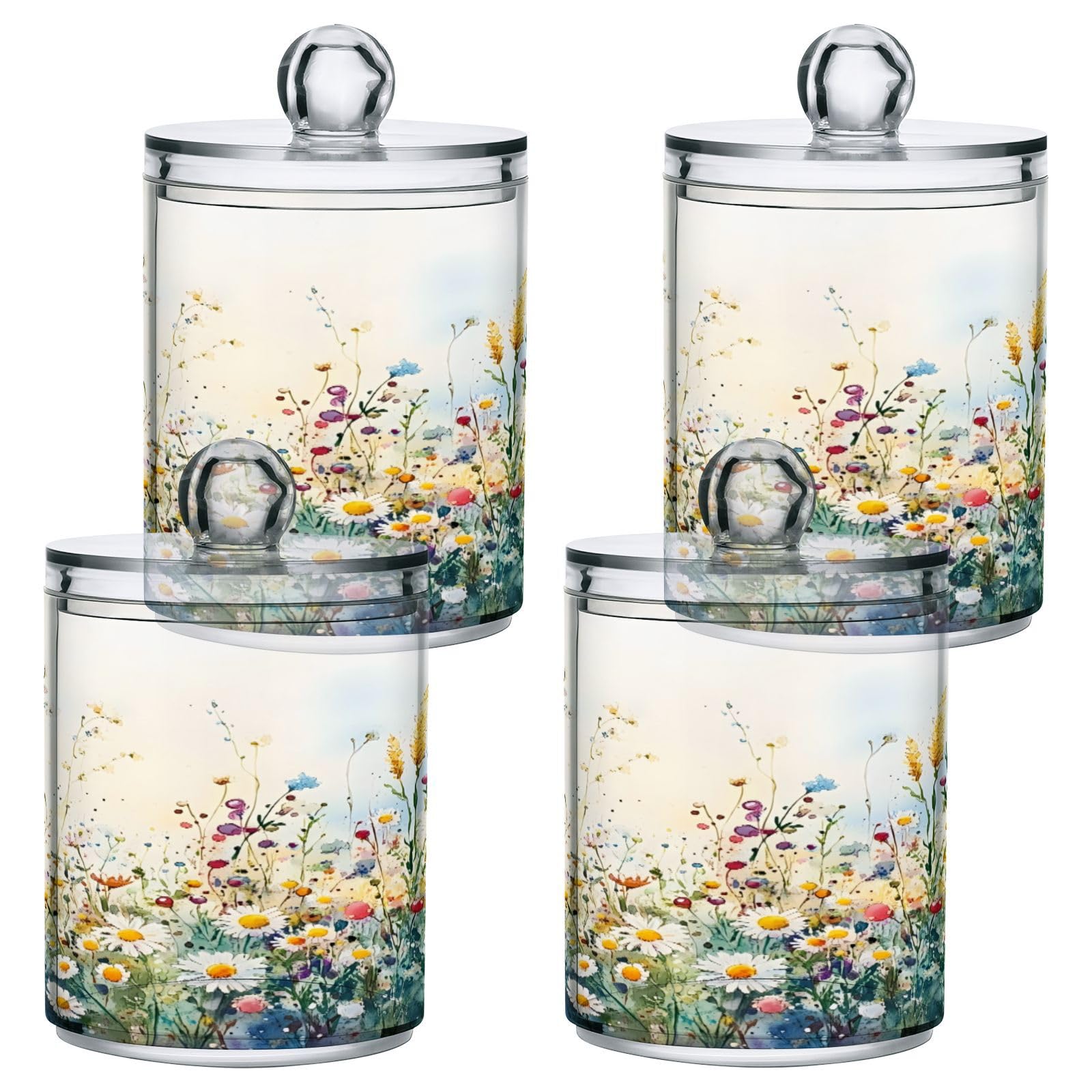 Nander 2Pack Beautiful Wildflowers Qtip Holder Dispenser -Clear Plastic Apothecary Jars Set - Restroom Bathroom Makeup Organizers Containers for Cotton Swab, Ball, Pads, Floss