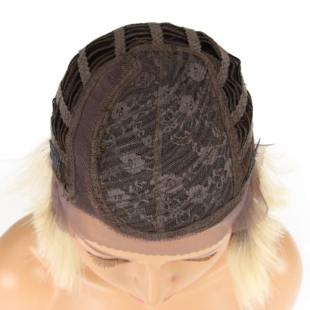 Short Bob Lace Front Wig Synthetic Ombre Black Blonde 2 Tones Color Side Part Wigs for Daily Use Cosplay Party High Temperature Hair Heat Resistant Fiber