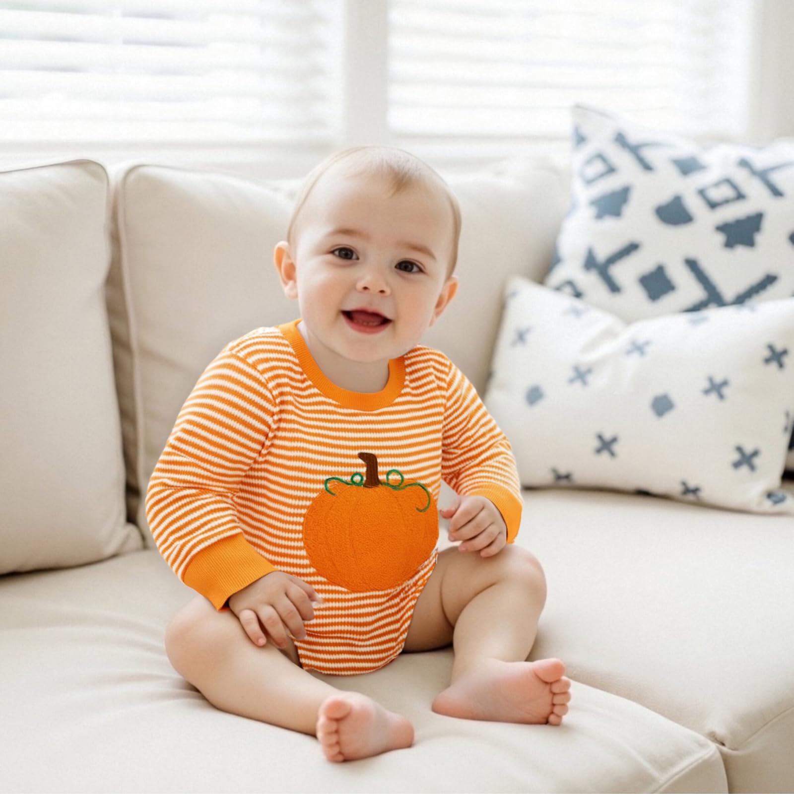 Rourufy Halloween Baby Clothes Newborn Boy Girl Waffle Knit Pumpkin Bubble Romper Sweatshirt Infant Toddler Fall Outfit (B Big Pumpkin Orange, 12-18 Months)