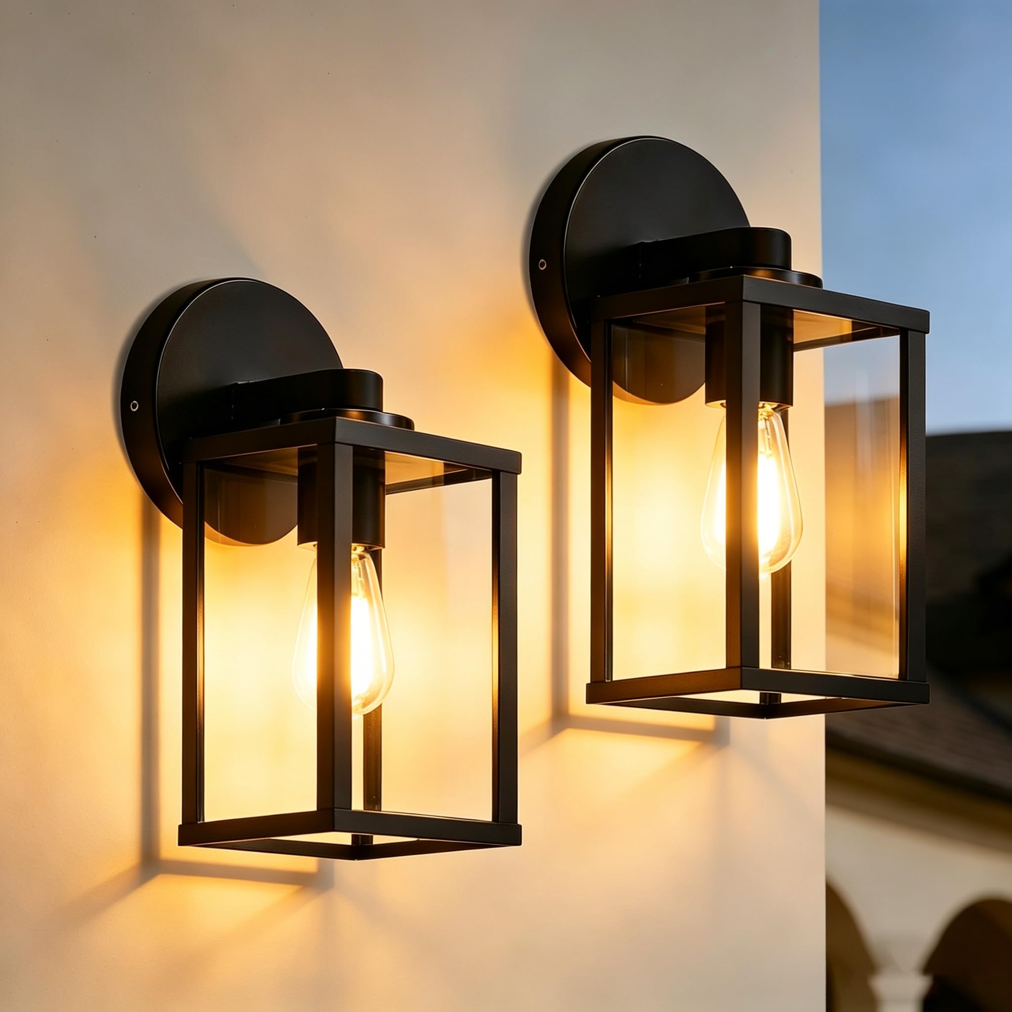 EBION 2 Stück Wandleuchte aussen E27, Wandlampe aus Aluminium + Glas, Modern Terrassenbeleuchtung, Außen Wandleuchte, IP44 Wasserdicht, Schwarz (ohne Leuchtmittel)