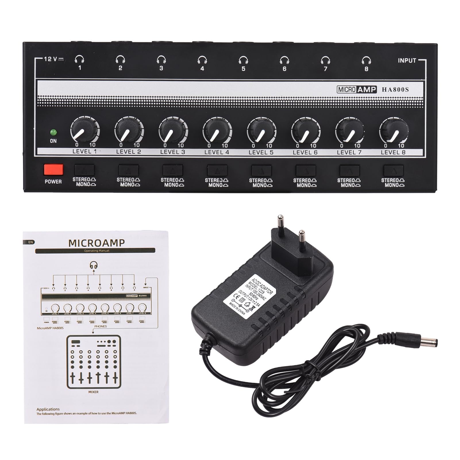 HUIOP HA800S Amplificador de auriculares 8 canales Mono/Estéreo Metal Estéreo Amplificadores de auriculares Amplificador de audio. Mini amplificador de audio estéreo de 8 canales ultracompacto. con,am