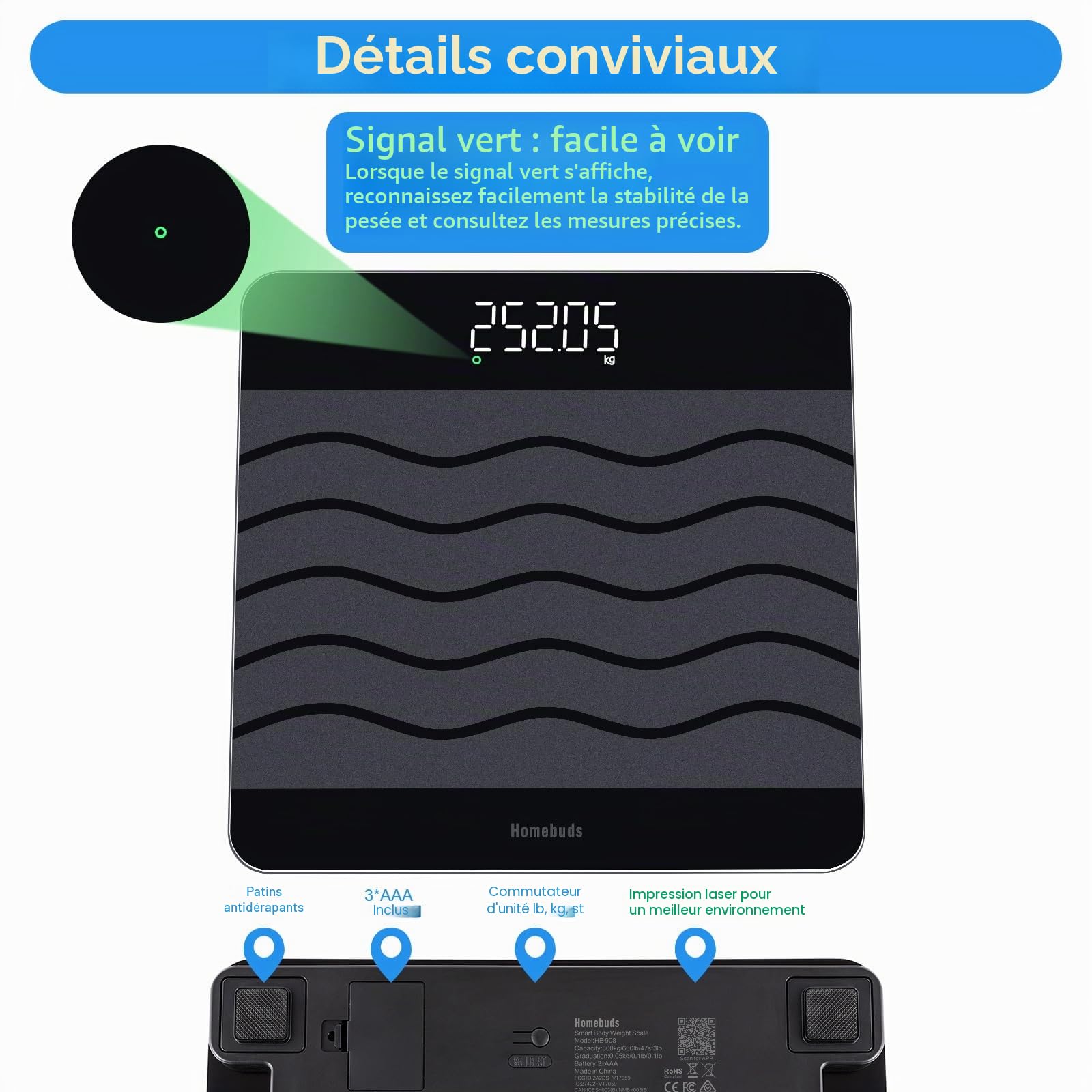 Homebuds 300kg Balance Pese Personne, Précision 0,05kg Notre Professionnelle Balance Fabricant Depuis 2001, Connectée Pèse Personne Et IMC Via Une APP, Verre trempé 8 mm 315 * 315mm, LED, Noir