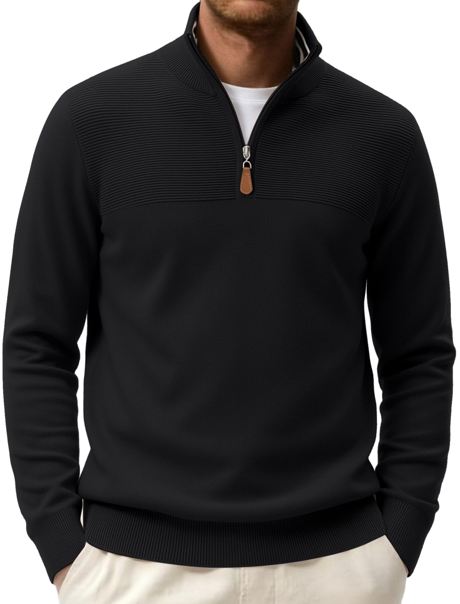 COOFANDY Men's Quarter Zip Sweater Casual Lightweight Knit Pullover Sweater | Striped Moc…