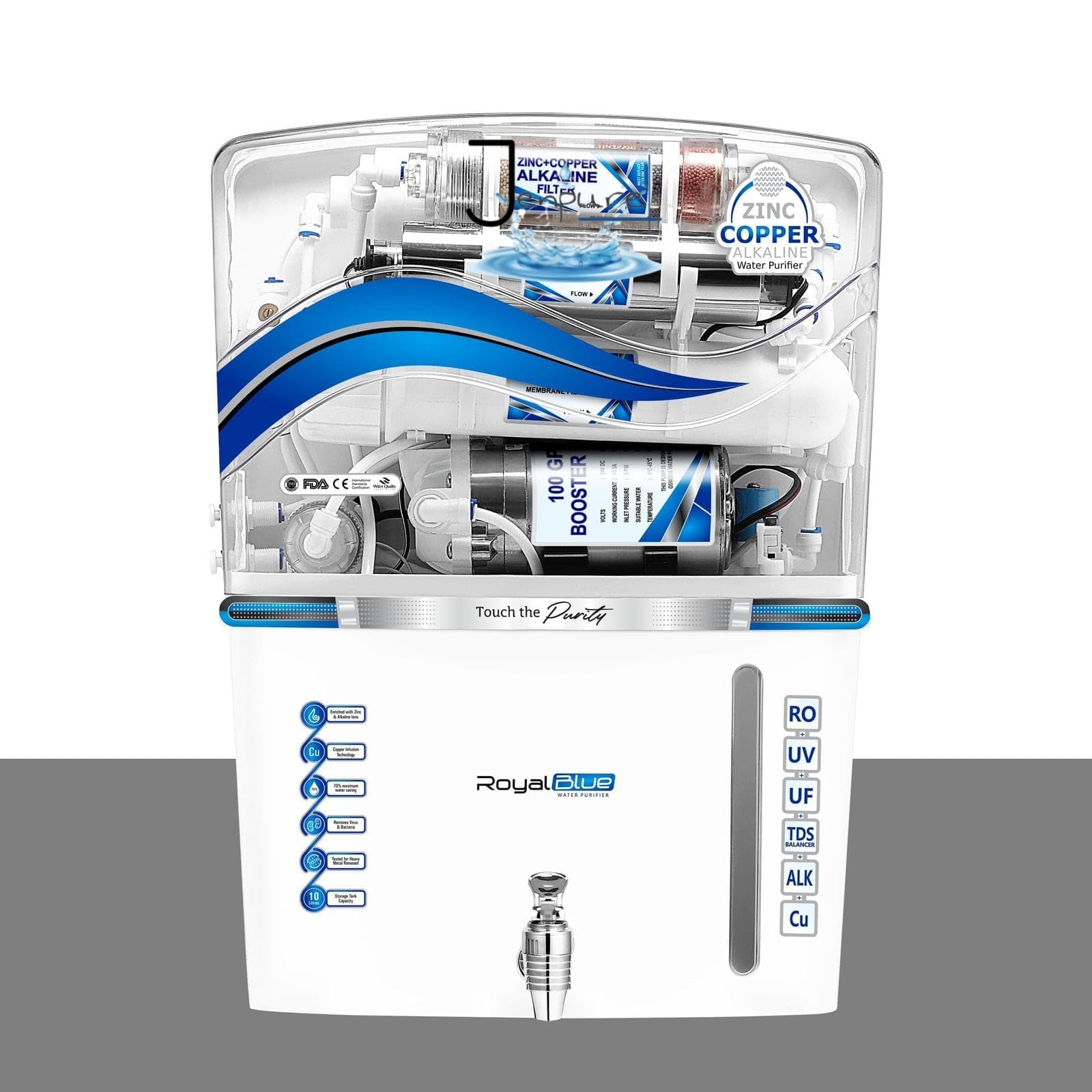 Royal Blue's Alkaline RO Water Purifier with Active Copper + UF + UV + TDS Control, 12 Litre White Colured Fully Automatic 6 Multistage Purification-image-47