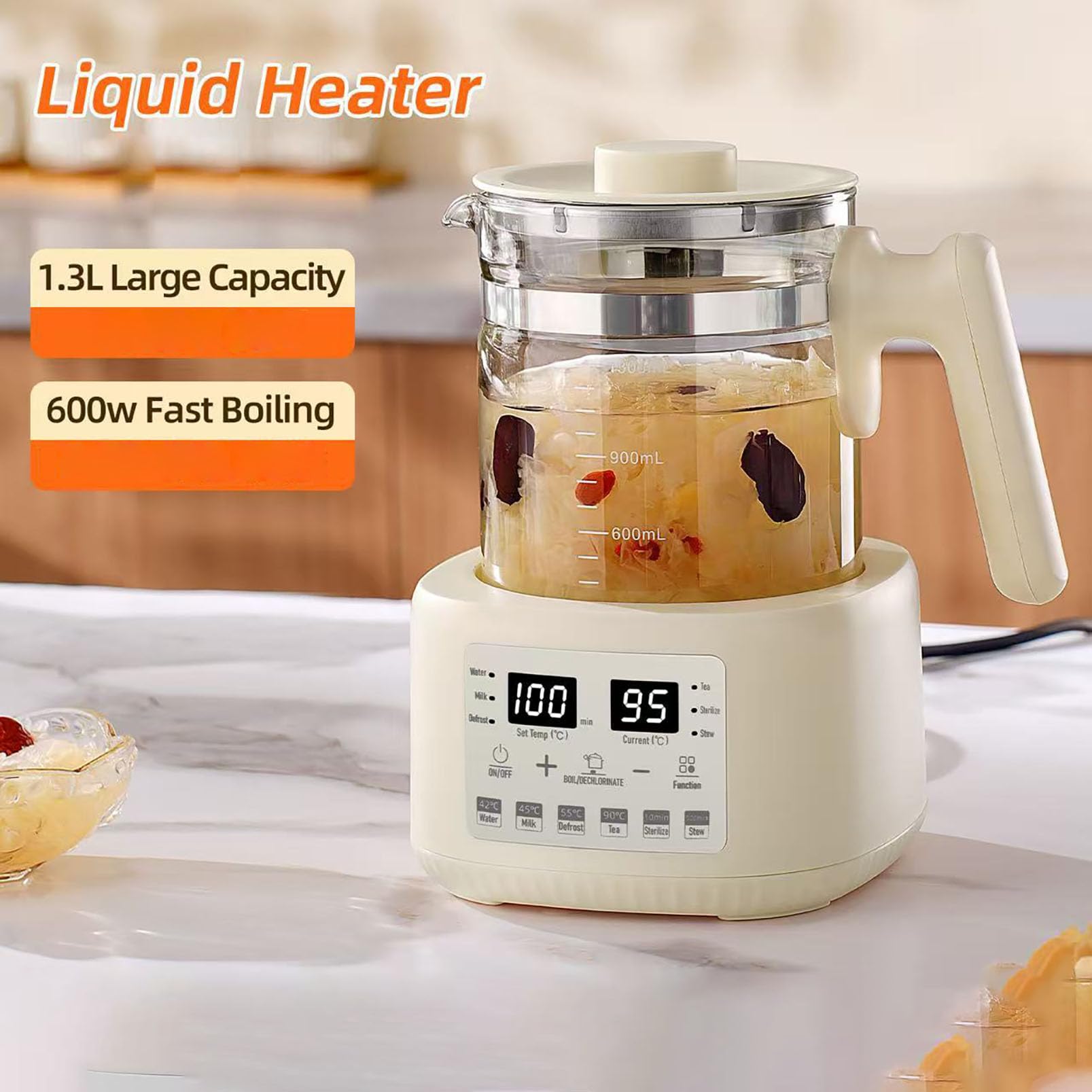 Mini Hervidor Eléctrico de Vidrio 600W, Hervidor Eléctrico de Vidrio de 1.3L, Temperatura Constante 72H, Pantalla Led, Panel Táctil con Control de Temperatura Variable, Tetera Pequeña Para Uso