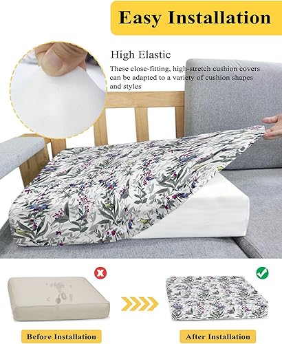 Miniatura 5 de Fundas de cojín para sofá botánico gris, funda elástica para sofá con parte inferior elástica, diseño de plantas pastorales y pájaros florales de