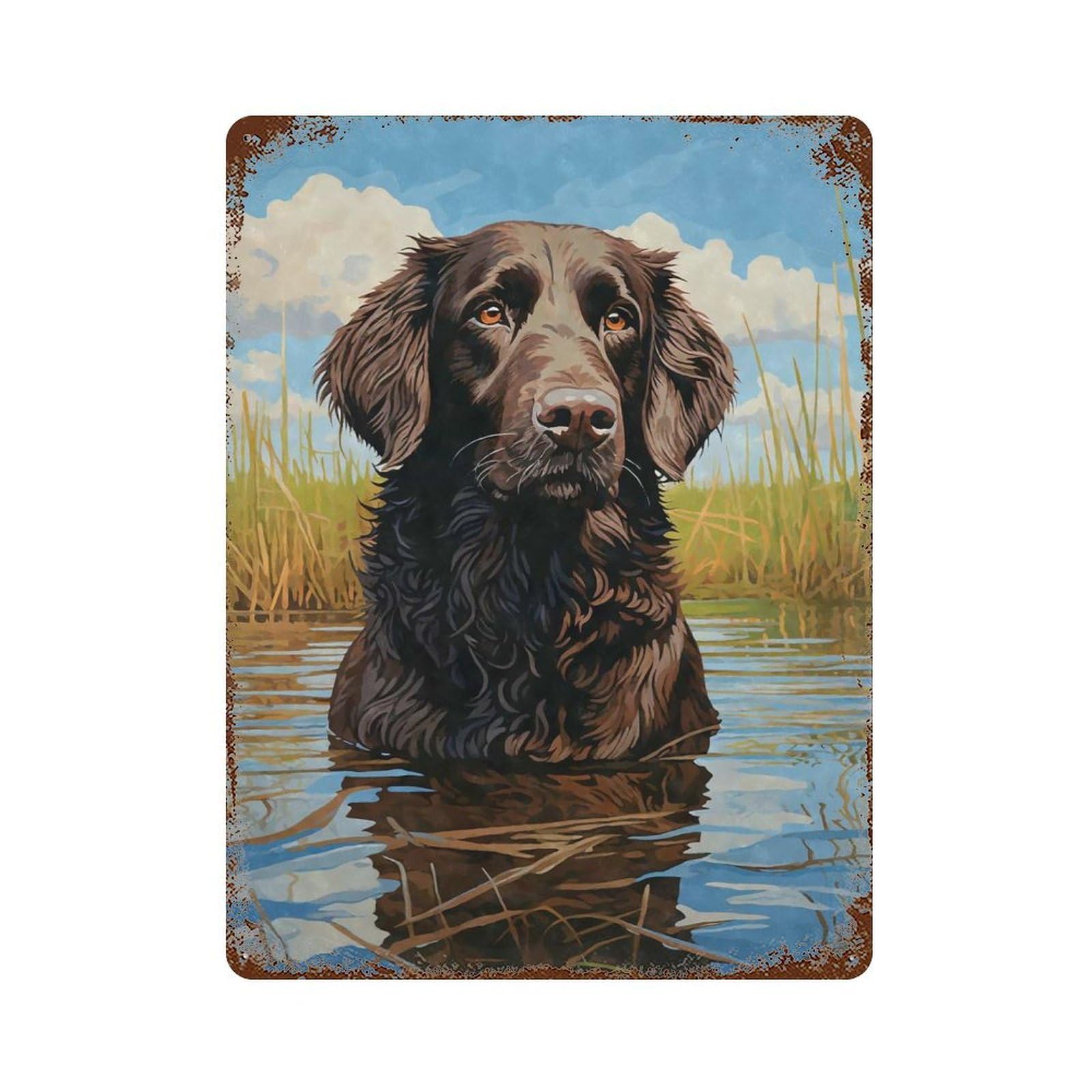 Distressed Metal Wall Sign with FlatCoated Retriever Water Design 15.7"x11.8", for Shed, Workshop And Garage Wall Decor, Decorative Metal Wall Art