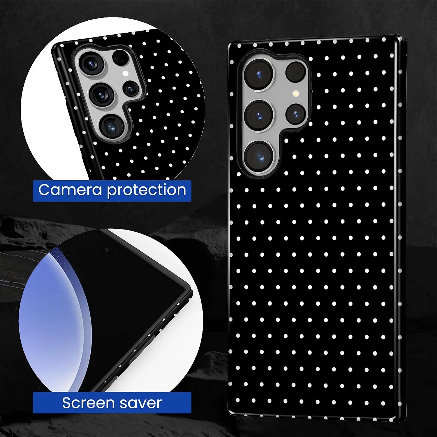 Funda híbrida resistente 2 en 1 para Samsung Galaxy S24 Ultra, resistente a los golpes, protección brillante para Samsung Galaxy S24 Ultra, diseño de lunares, color negro