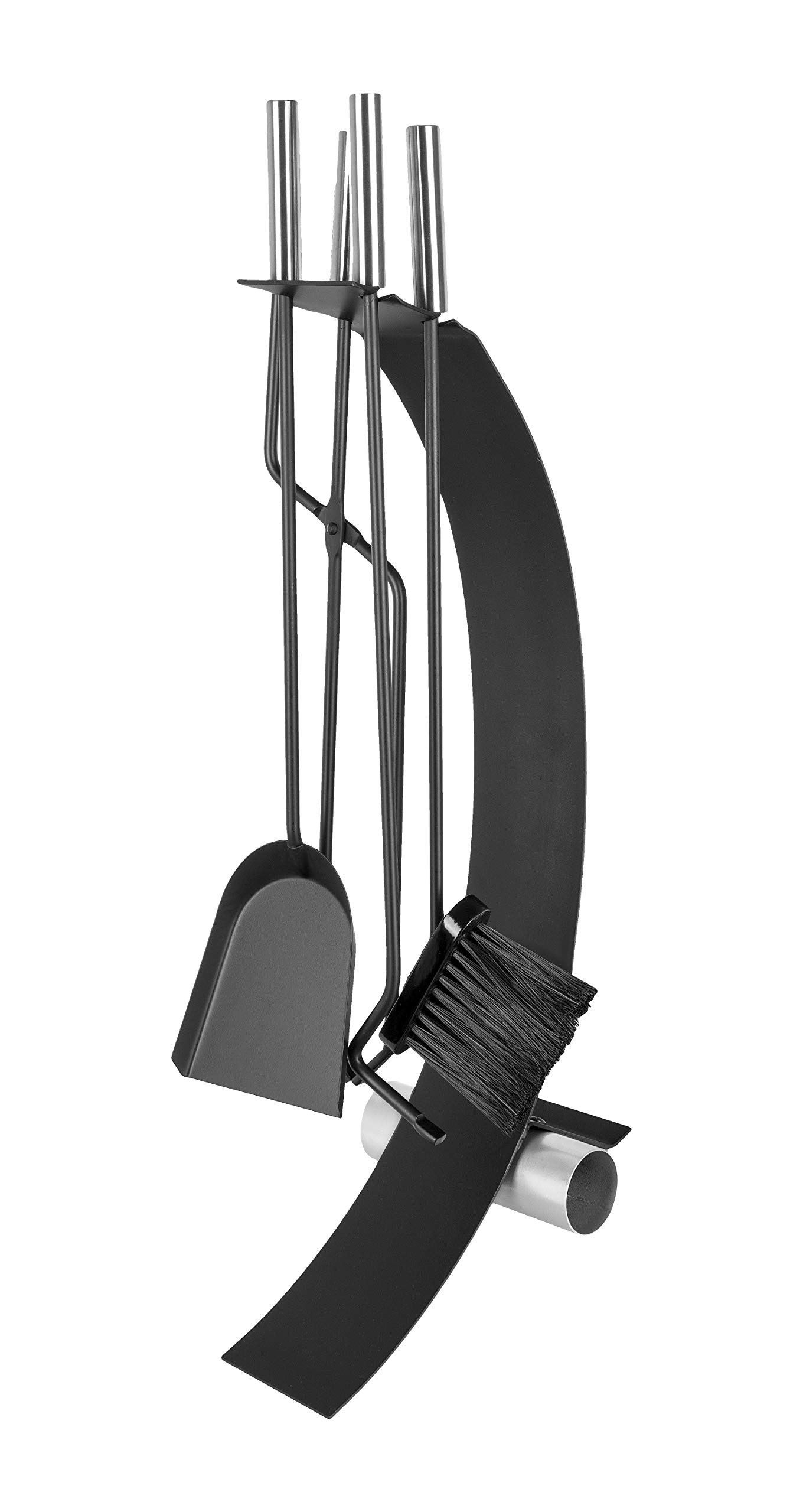 ADGO - Set di attrezzi per camino, 5 pezzi, stile moderno, poker, pennello, paletta, pinza, supporto in acciaio INOX, colore: Nero