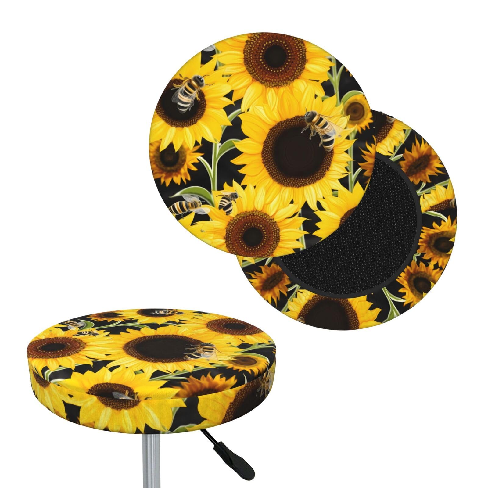 FodPand Sunflower Bees Bar Stool Cover Round Elastic Stool Cushion Covers Washable Bar Stool Chair Slipcover Stretch Stool Seat Covers for 12-14 Inch Chair