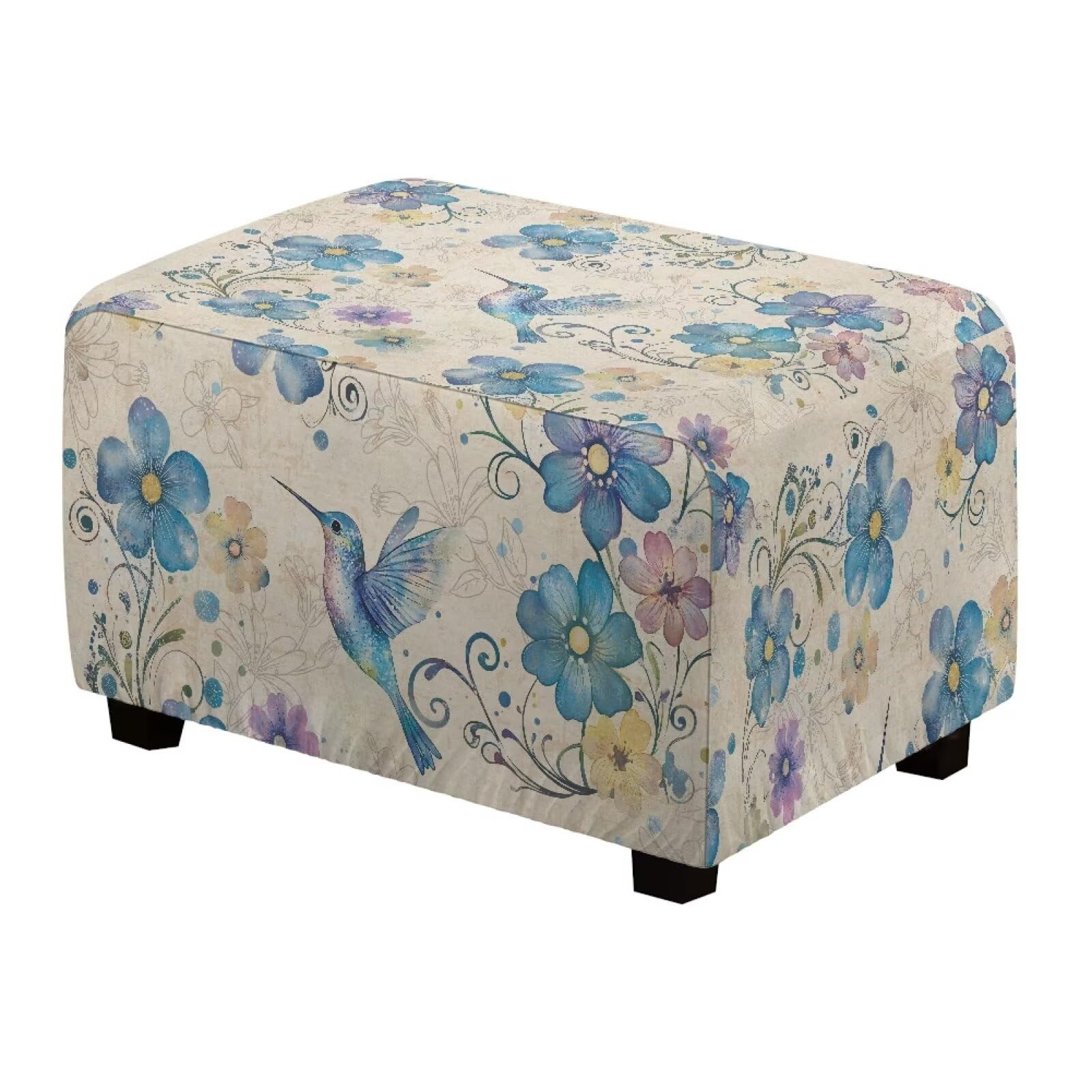 Yorfeemge Hummingbird Flower Ottoman Cover Rectangular Stretch Footrest Stool Cover Furniture Protector with Elastic Bottom Removable Slipcover