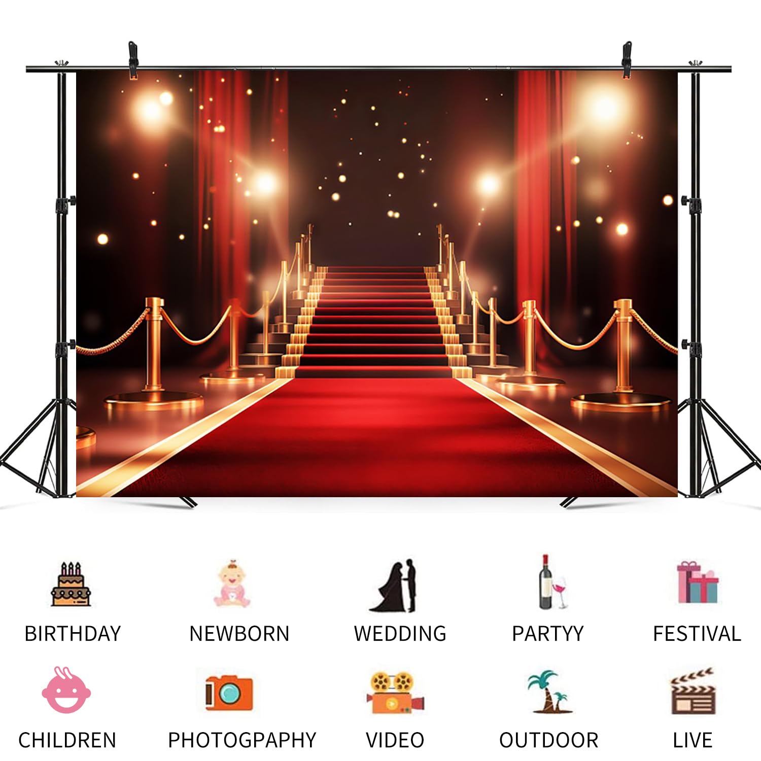 3,6 x 1,8 m roter Teppich-Hintergrund, goldener roter Vorhang, Fotografie-Hintergrund, Glitzerpunkte, Treppenhaus, Filmpremiere, Preisverleihung, Laufsteg, Bühnenbanner, Dekorationen