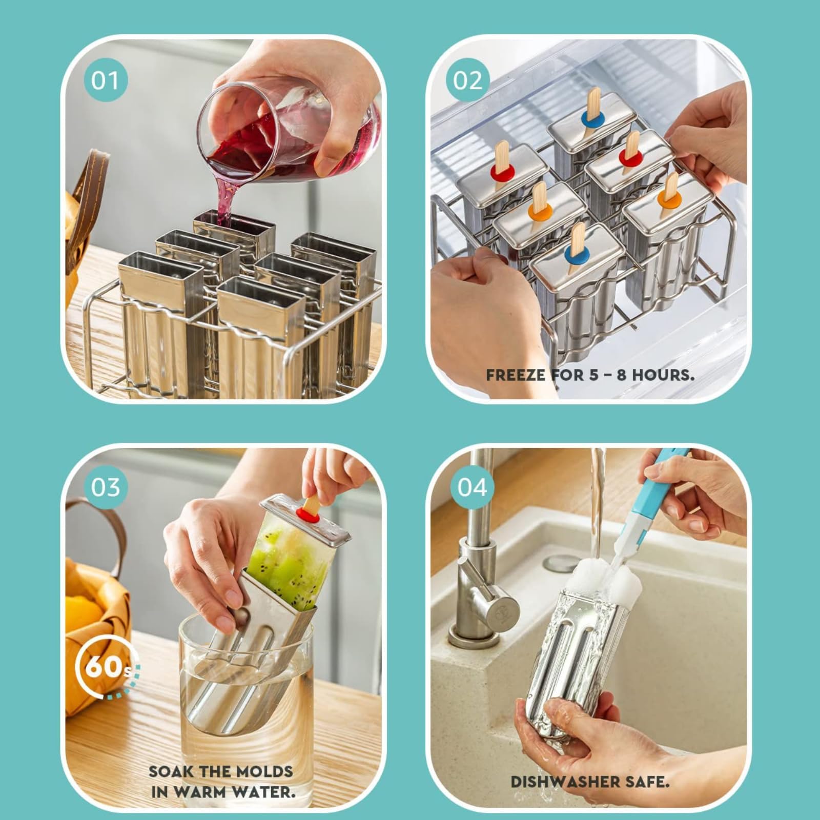 Moldes para helados de acero inoxidable 304, antifugas, juego de moldes con varillas de madera y base de metal, máquinas de hielo reutilizables para niños y familia (6 moldes + 50 tallos)