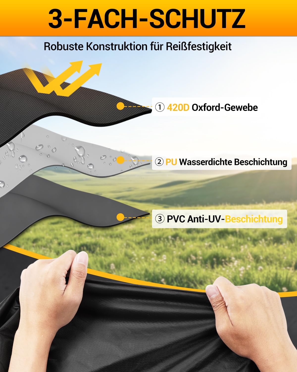420D Abdeckung Für Rasentraktor Aufsitzmäher Abdeckung Abdeckplane Rasentraktor Wetterfest UV-Schutz mit Reflektierendem Band 6m Befestigungsgurt (210x110x115cm)