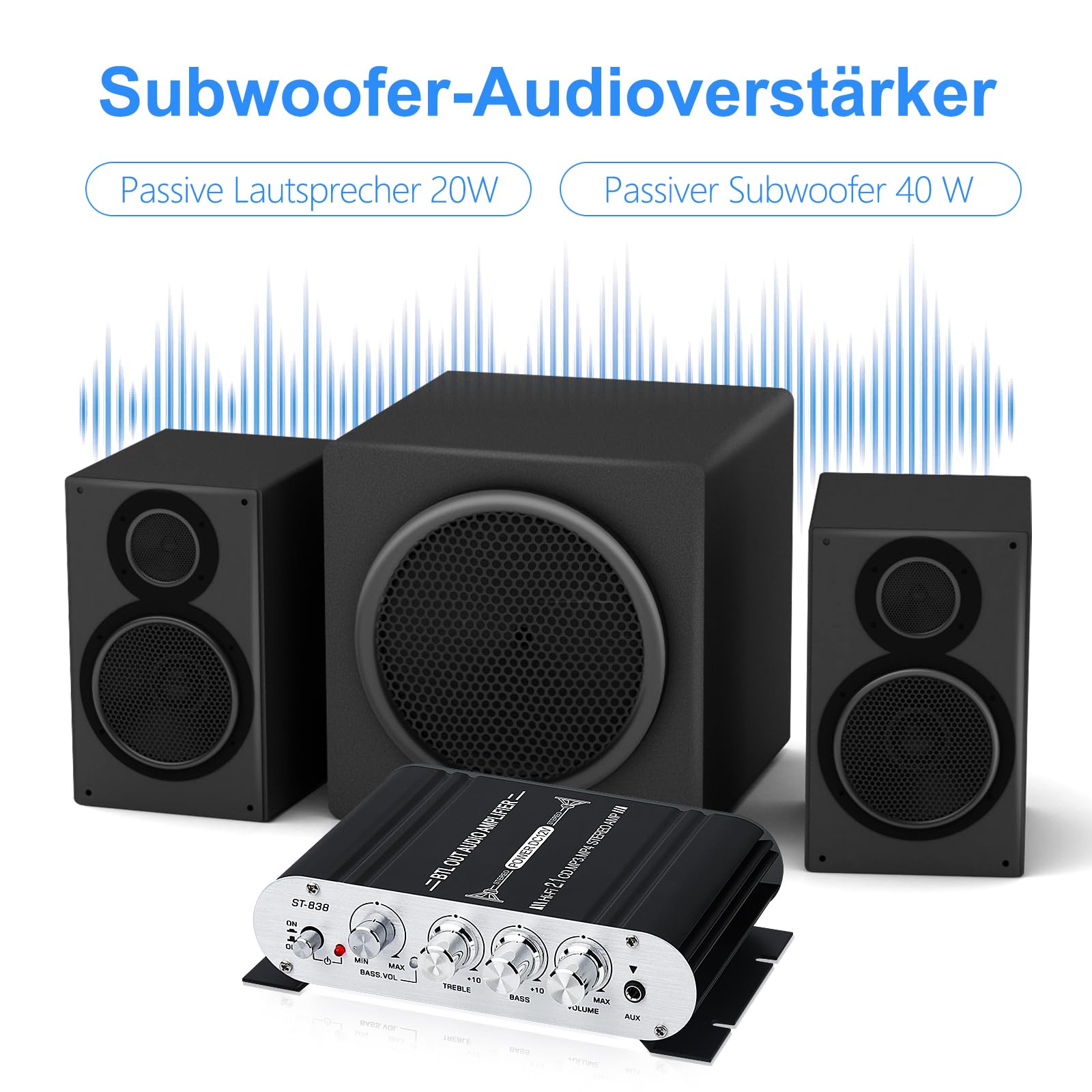 HiFi Audio Verstärker,2.1CH Stereo Verstärker,RMS 20Wx2+40W ST-838 mit Subwoofer Ausgang KlasseD Mini Digital Endstufe Empfänger mit AUX für Zuhause,Auto Lautsprecher,Schwarz(Inklusive Netzadapter)