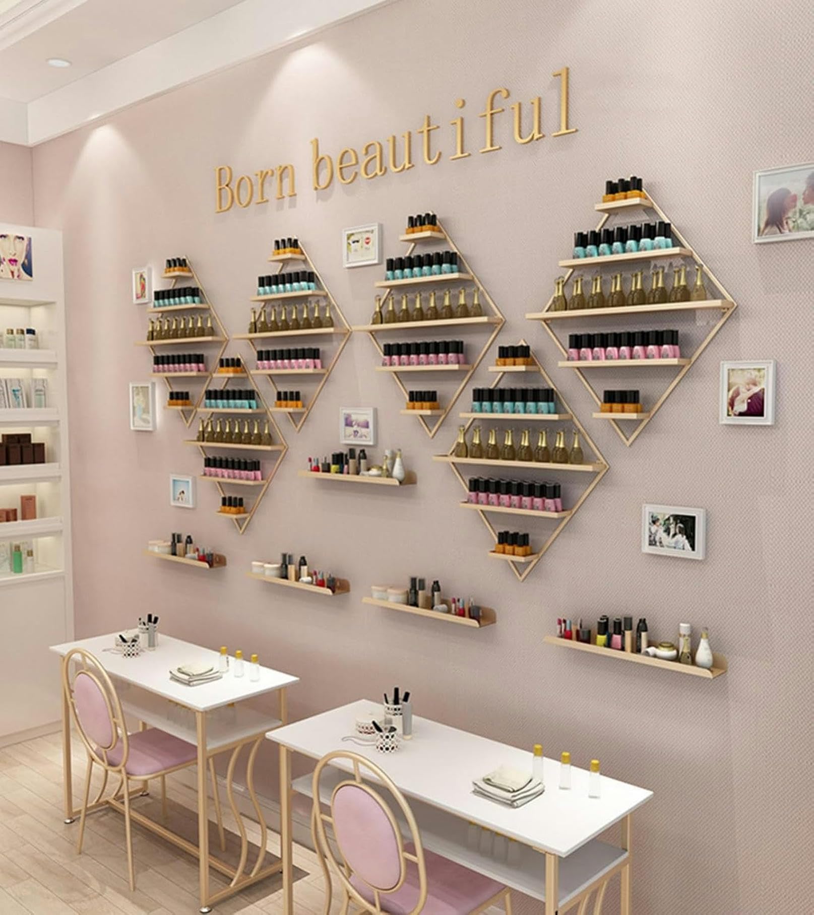 Étagères murales en métal pour Vernis à Ongles, présentoir Triangulaire en Forme de Losange, présentoir pour cosmétiques, Rouges à lèvres, parfums, huiles essentielles (7 pièces dorées)