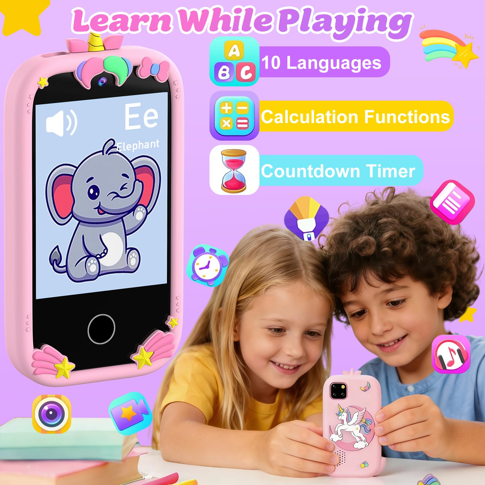 3T6B Smartphone Niños, Teléfono Móvil para Niños con Doble Cámara, Pantalla táctil de 2,8 Pulgadas, Música y Juegos, Tarjeta SD de 32 GB, Cumpleaños para Niñas y Niños de 3-10 Años - 3