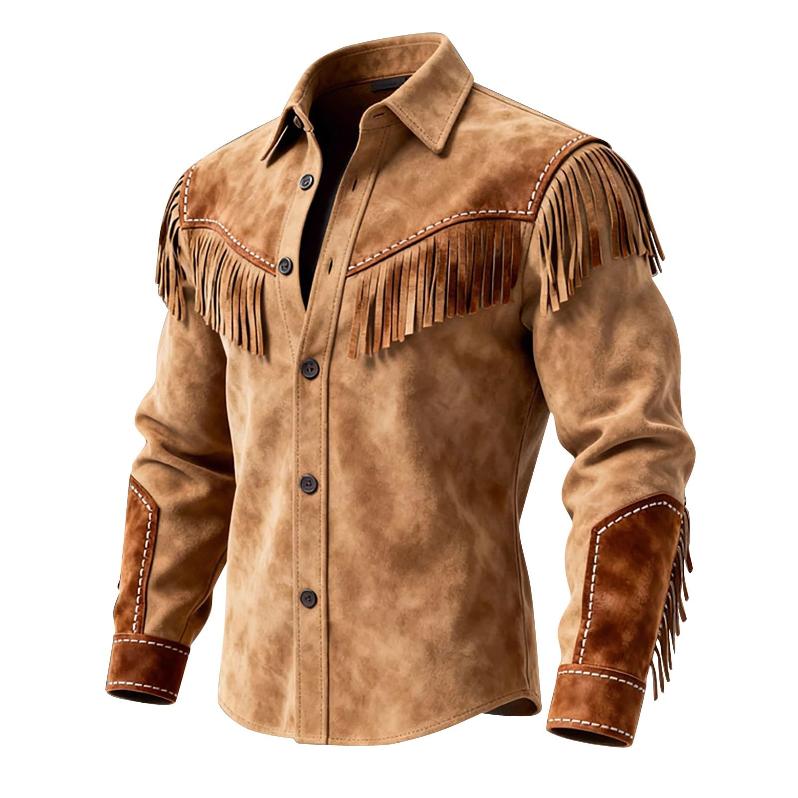 JOFOW Leather Shirts for Men Long Sleeve Button Down Western Suede Shirts Slim Fit Fringe Tops