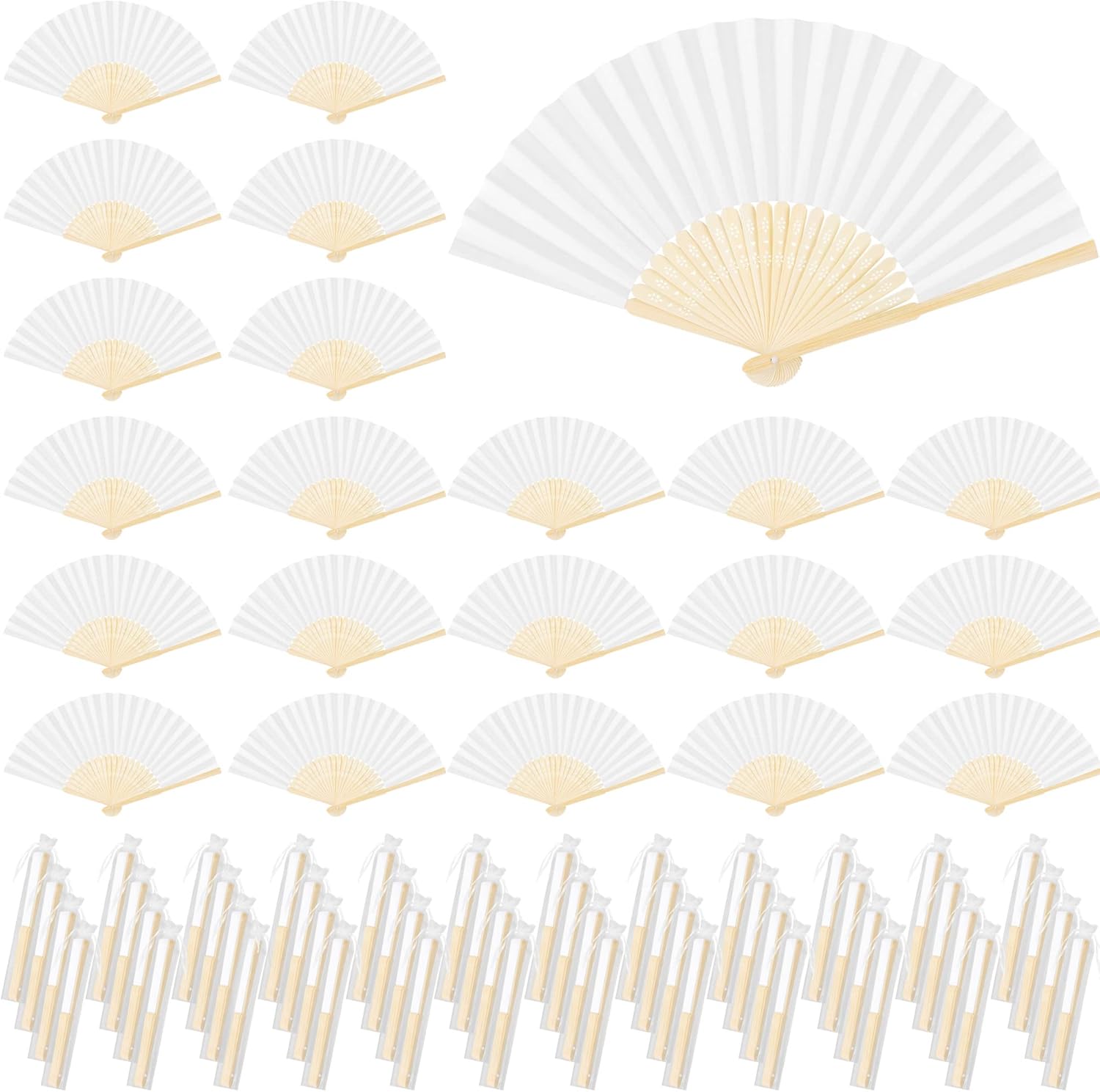 Aodaer 72 Pieces White Folding Fans with Organza Bags Paper Folding Fans DIY Paper Hand Fan Foldable Wedding Fan for DIY Crafts, Wedding Gift, Home Decoration
