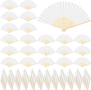 Aodaer 72 Pieces White Folding Fans with Organza Bags Paper Folding Fans DIY Paper Hand Fan Foldable Wedding Fan for DIY Crafts, Wedding Gift, Home Decoration