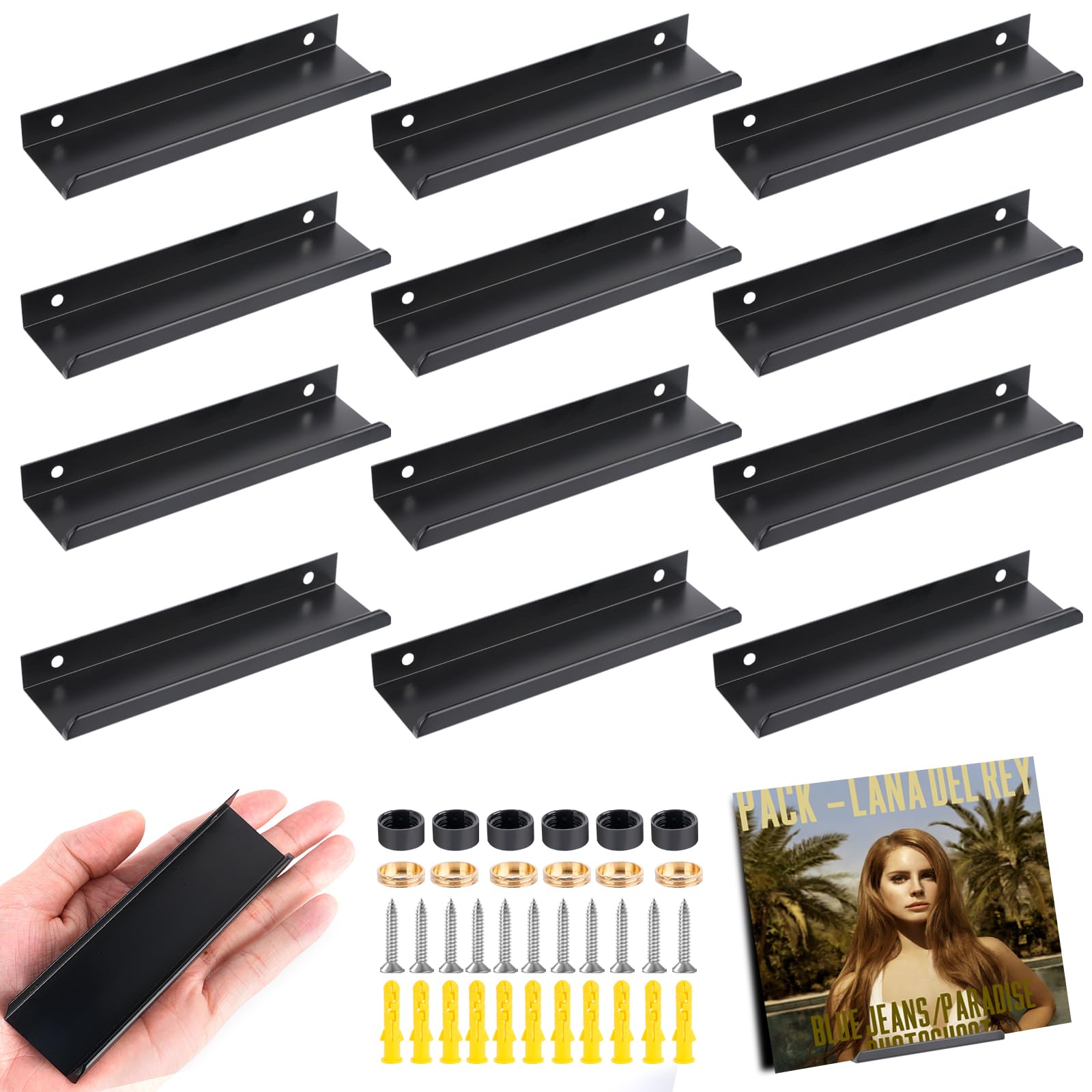 CAIYUANGUANGJIN 12Pcs Vinyl Wall Mount Shelves Hold for 12inch Albums, LP Minimalist Black Record Display Holder, Albums Storage Stand Set for CD Book Photo Picture Display in Office Home Rome Decor
