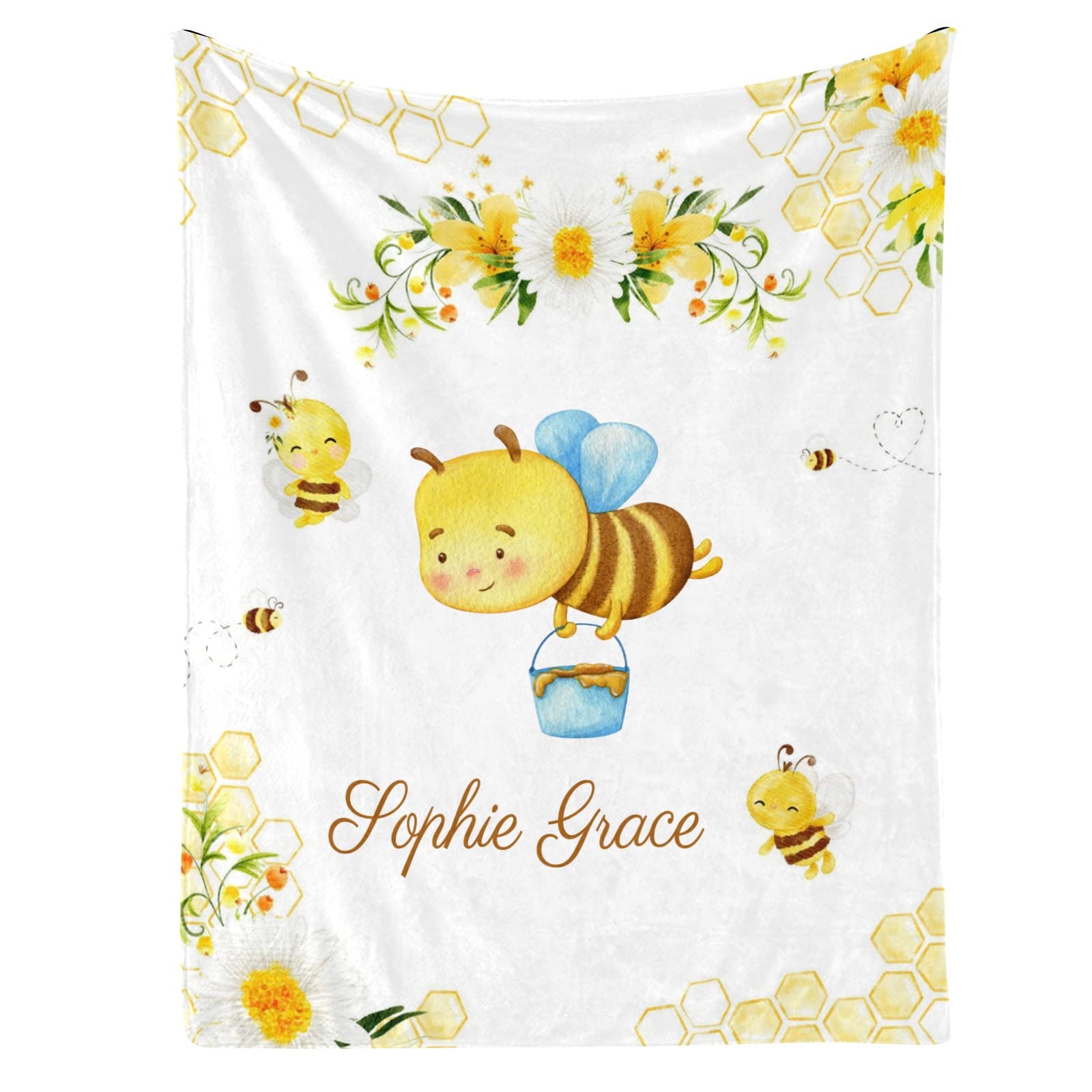 Personalized Bumble Bee Baby Blanket - Custom Name, Super Soft Fleece, 30x40 Inches, Baby Shower Gift