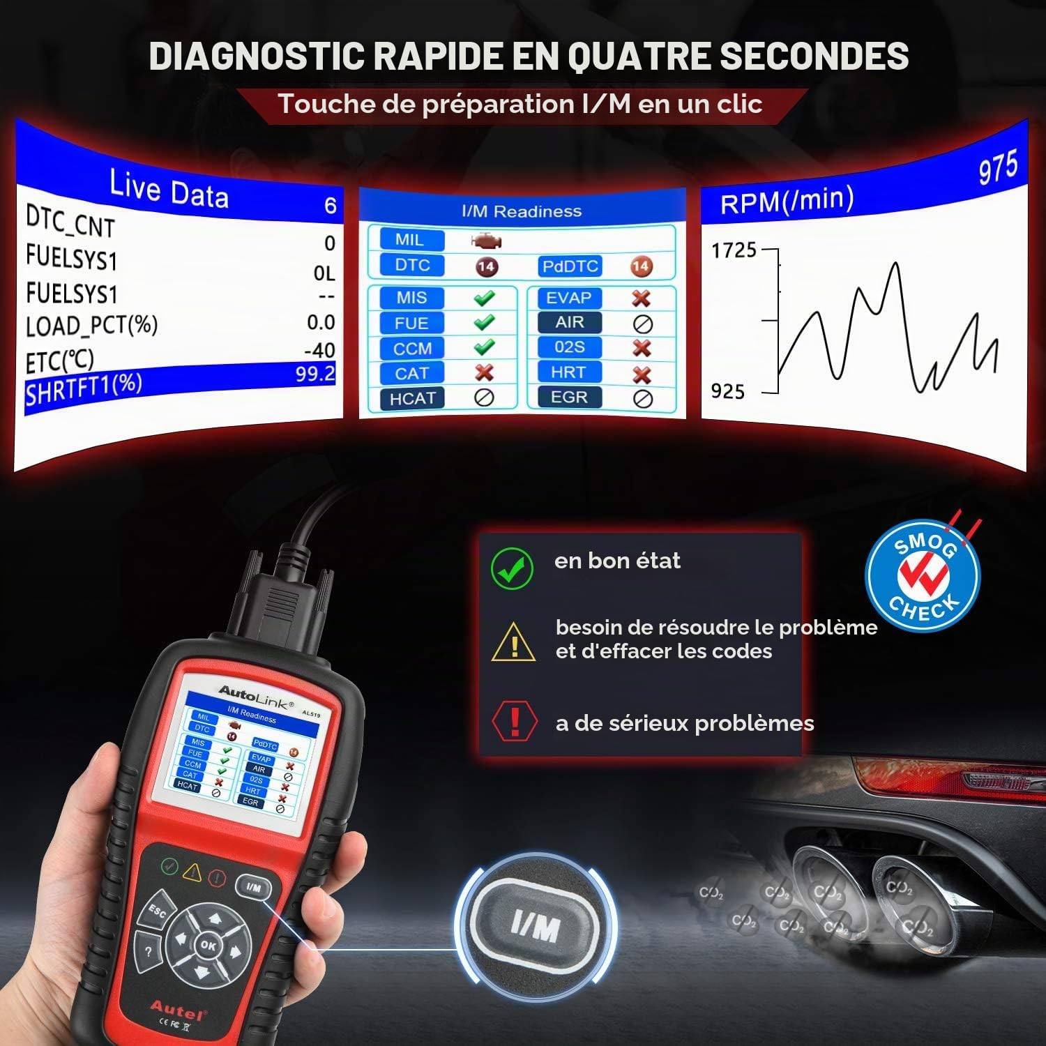 Autel AutoLink AL519 Scanner OBD2 Moteur Vérification Amélioré en Mode 6 Lecteur Codes, Outil Diagnostic Voiture Universel avec Vérification du Smog en Un Clic, Version Améliorée d'AL319