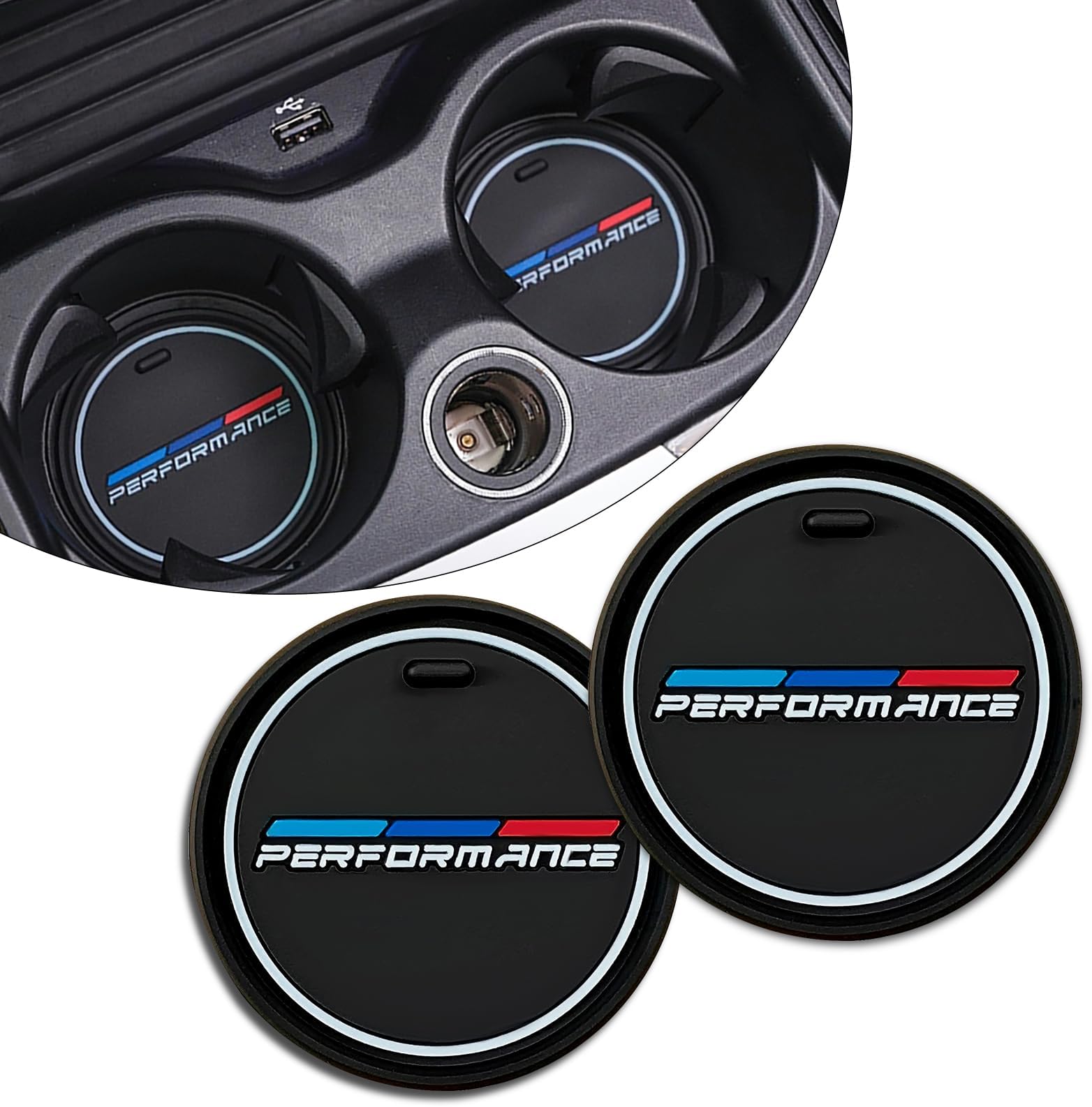 2PCS Car Cup Coasters Luminous Anti-Slip Recessed Silicone Car Cup Holder Coaster for BMW M X3 X5 X1 X4 X7 X6 1 5 6 3 8 4 Series Z4 XM IX Accessories, with Sporty M 3-Color Logo, 2.68in