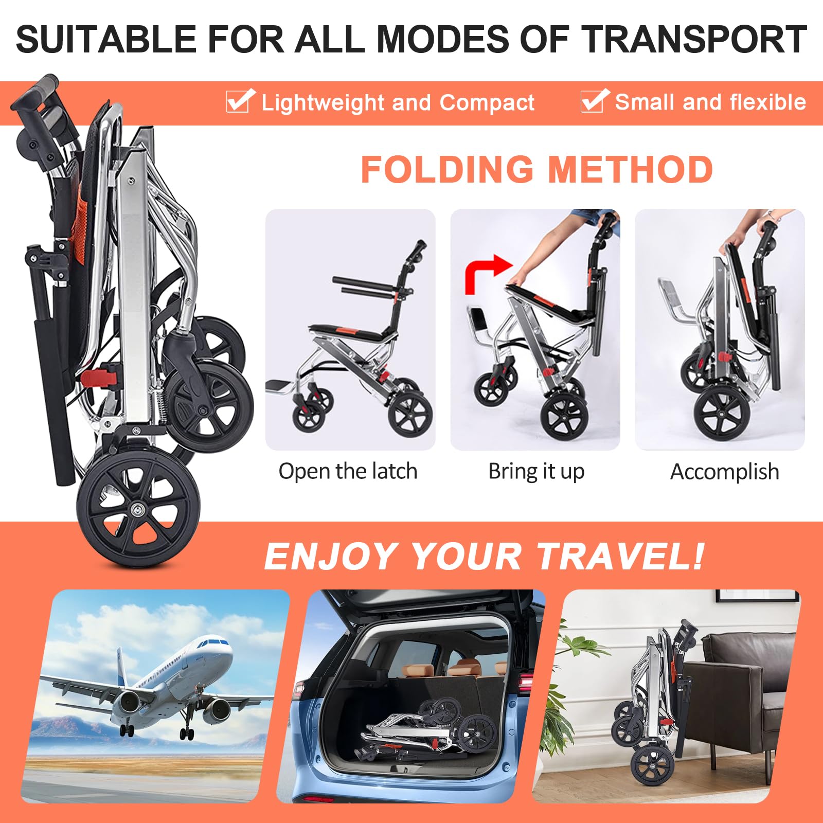 Sedia a rotelle leggera pieghevole per adulti, sedia a rotelle pieghevole super leggera, sedia a rotelle portatile in alluminio per imbarco da viaggio, sedia a rotelle pieghevole leggera
