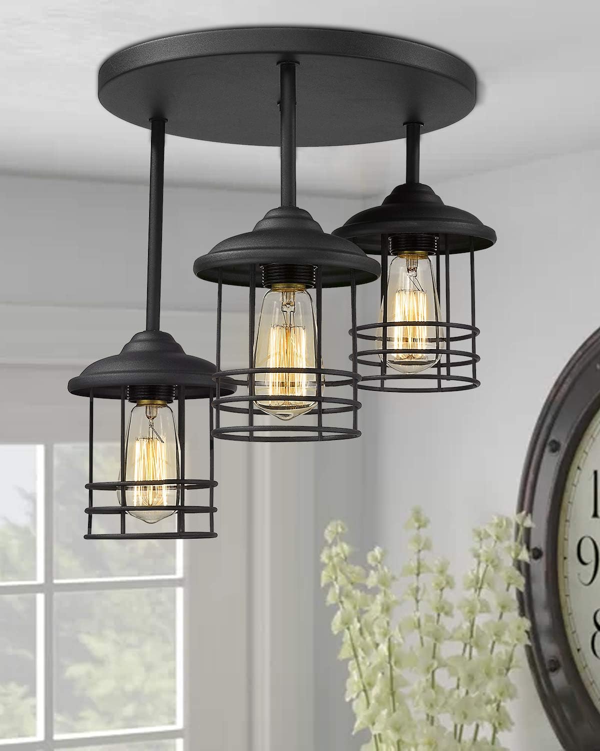 Exclusive Discount 🔥 Emliviar Semi-Flush Mount Ceiling Light, 3-Light Close to Ceiling Light Fixture with Metal Cage in Black Finish, 1803CW1-D-3 BK