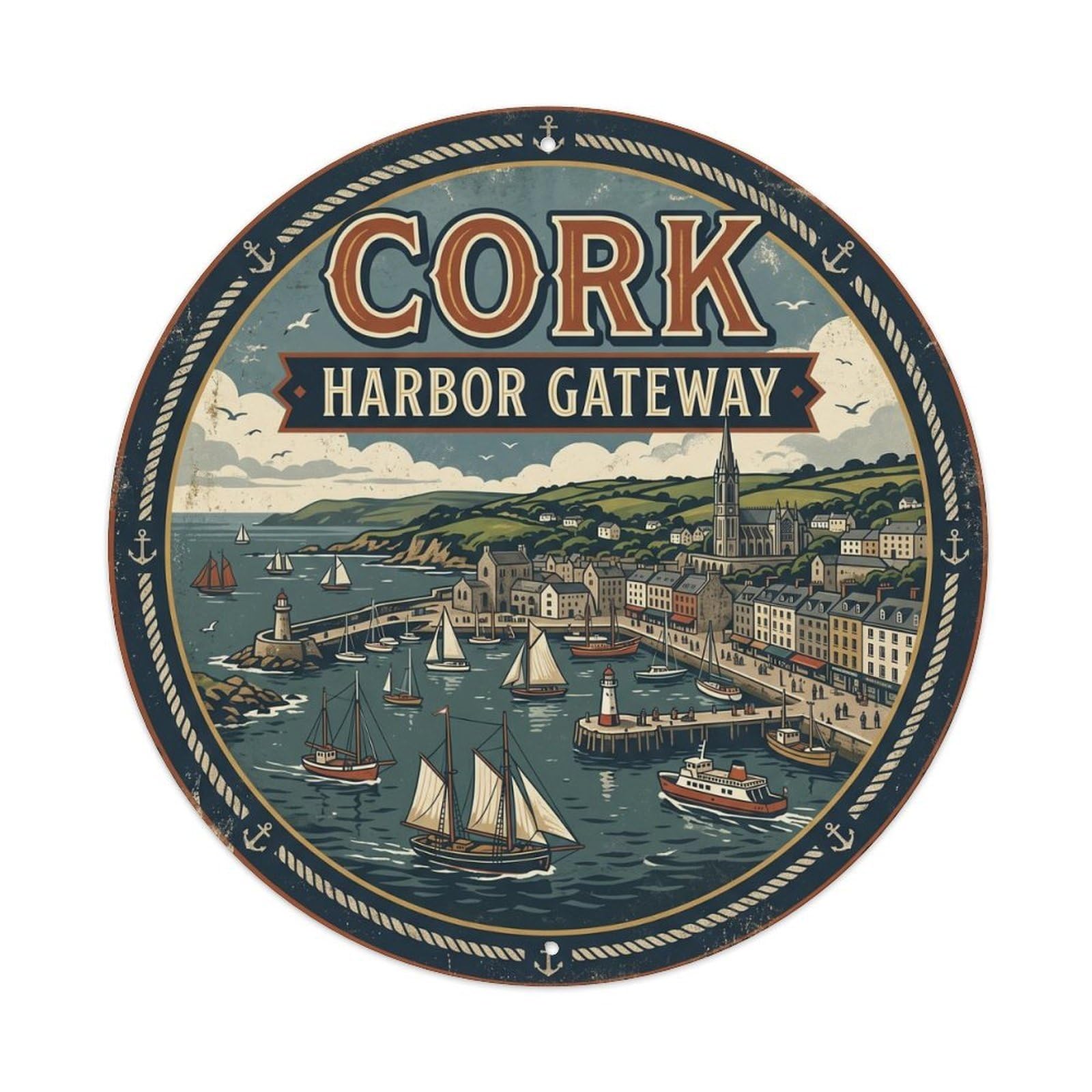 Cmhok Vintage Style Vintage Travel Cork Harbour View Metal Tin Sign Plaque Wall Decor For Cafe, Club, Garden Round Metal Poster 8X8inch
