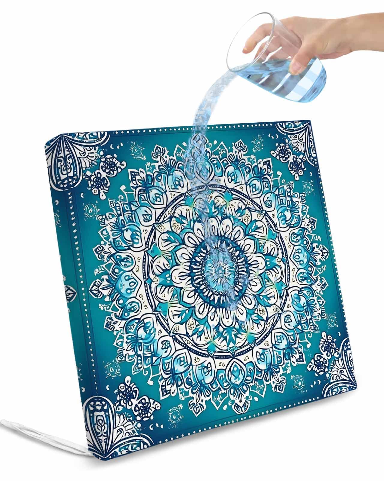 Turquoise Boho Flowers Outdoor Cushion Chair Cover Set of 4 - Waterproof Couch Seat Covers, Retro Ethnic Abstract Floral Art Patio Furniture Protector Cushions Slipcovers for Sofa/RV, 24