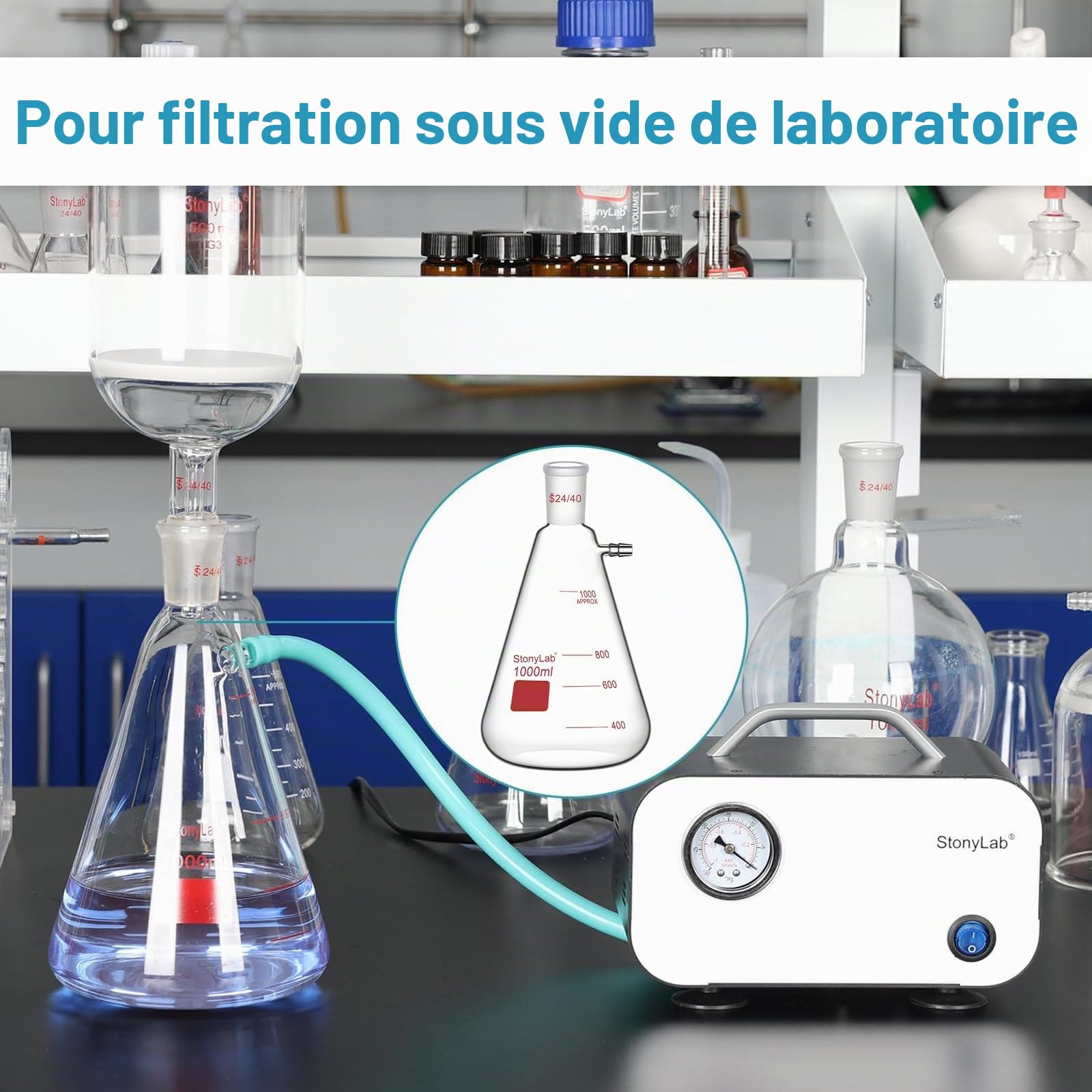 stonylab Fioles Filtrantes avec Joint Extérieur Conique Standard 24/40, Fiole à Filtre en Verre Borosilicaté à Paroi épaisse, Col à Boulon avec Tubulure, 250 ml