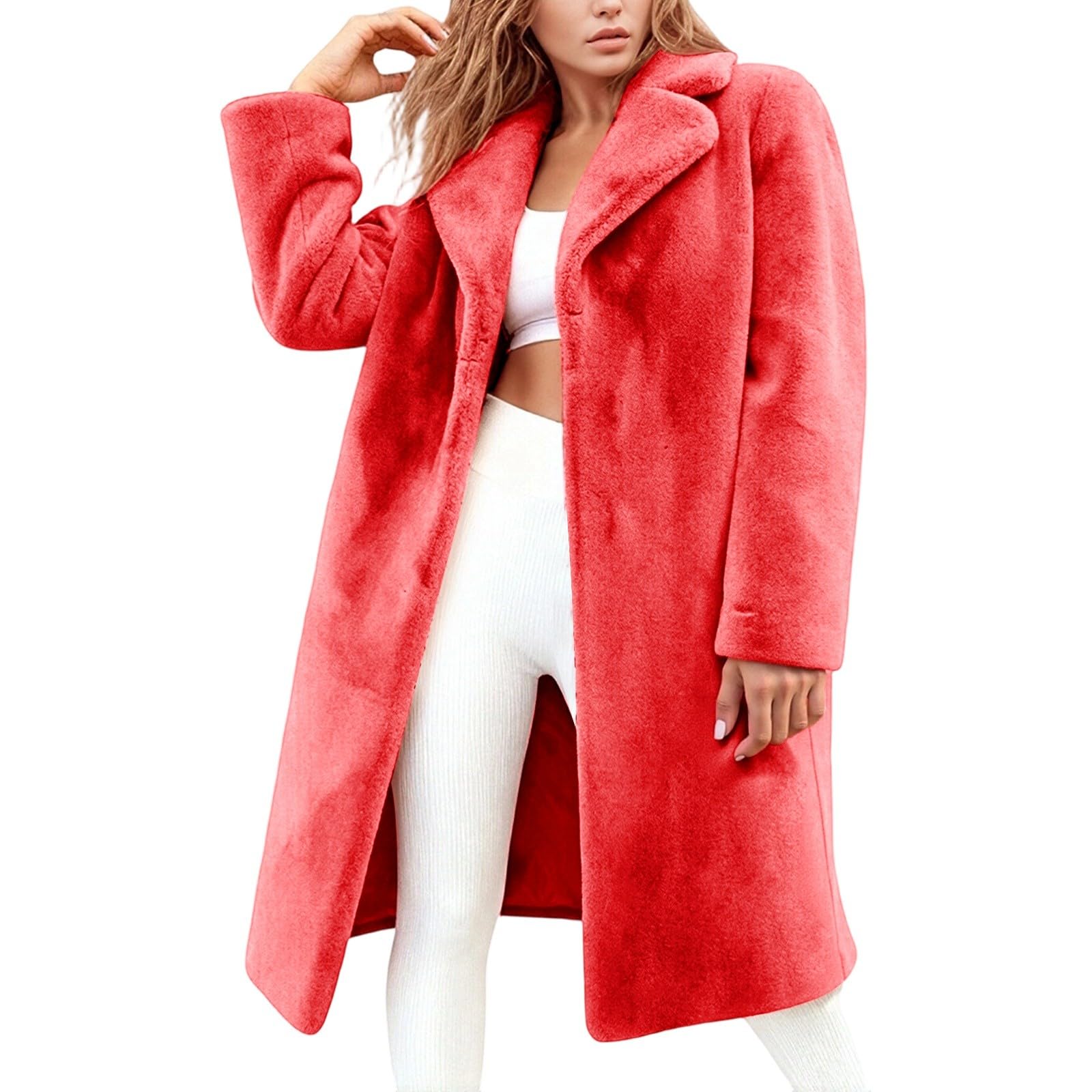 Generisch 2026 Elegante abrigo de forro polar de longitud media con cinturón para una comodidad de ropa exterior sofisticada estilo chaqueta de invierno para mujer, rojo, L