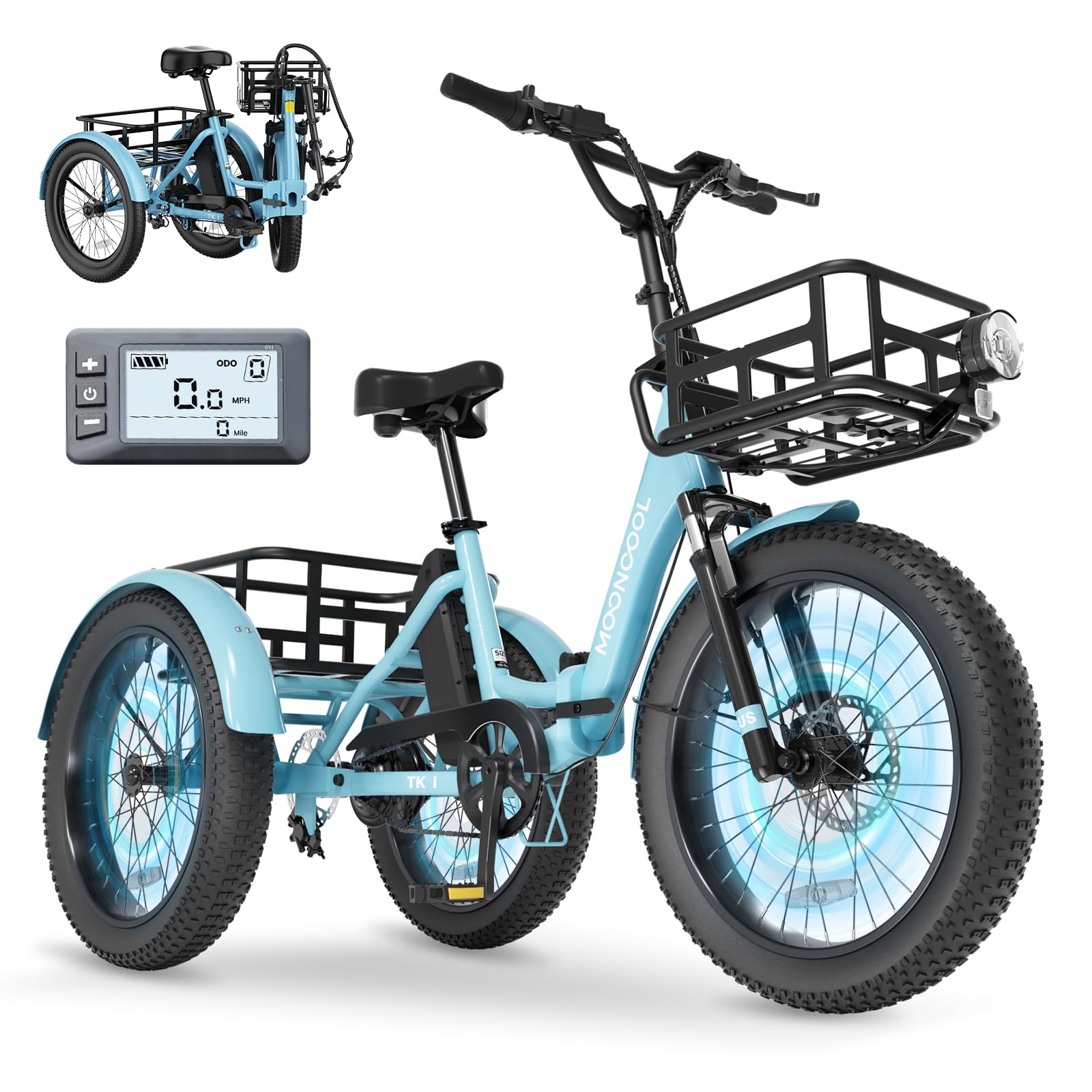 MOONCOOL Foldable Electric Tricycle for Adults, 20" Aluminum Etrike Fat Tire, Peak 1000W 48V 15Ah Rear Differential, Front Suspension, 15.5MPH, 450LBS