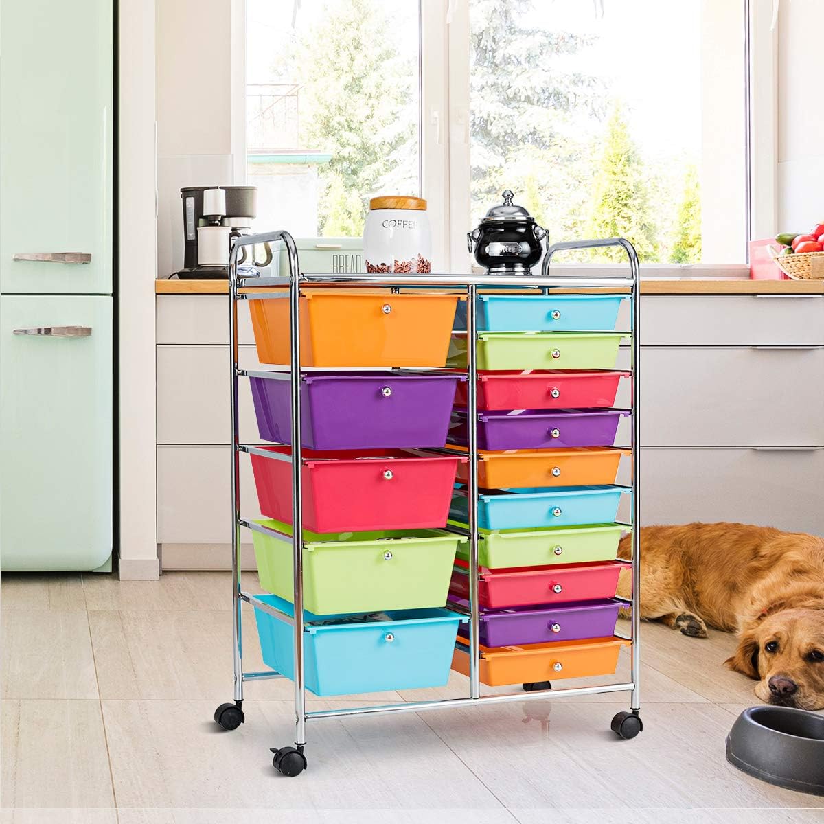 FANTASK Chariot à roulettes avec 15 tiroirs empilables, chariot de rangement pour bureau, salon, 62,5 x 37 x 87 cm