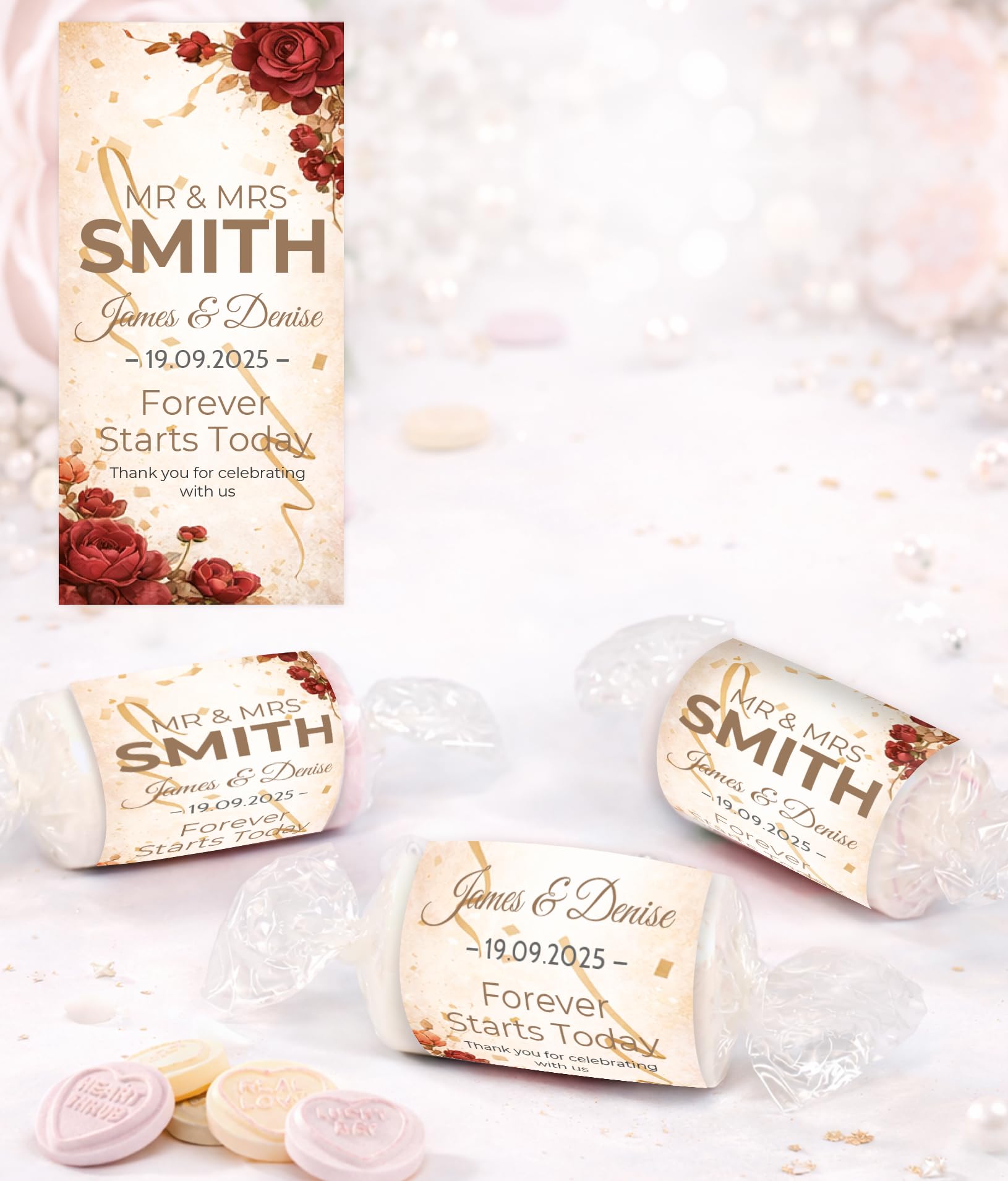 Personalised Wedding Favours Love Hearts, Custom Wrapped Wedding Sweets, Forever Starts Today, Mr & Mrs Favours UK (Champagne Gold) — view 4