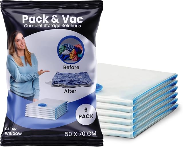 ADMOS Vacuum Storage Bags Pack of 6 With 80% More Storage Double-Zip Seal for Clothes, Sweaters, Dress, Coats, Curtains, Blankets | Vacuum Storage Bags | Vacuum Pack Bags | For Clothes (50 X 70 CM)