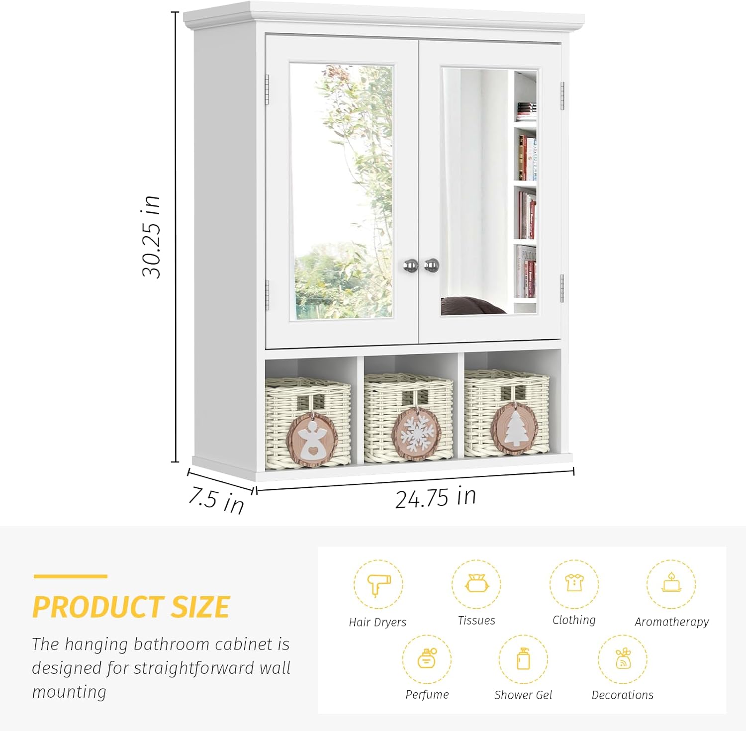 Bathroom Wall Cabinet with Mirrors,Wall-Mounted Storage Organizer Over Toilet with 3 Storage Baskets and 2 Adjustable Shelves, Bathroom Mirror Medicine Cabinet, Kitchen,White