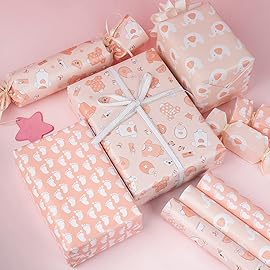MAYPLUSS Pink Gift Wrapping Paper Roll - 17 X 120 Per Roll - Lovely Girly Little Girl Elephant, Clothing, Footprint Themed Birthday Gift Wrap Present Paper for Baby Shower, New Baby Party