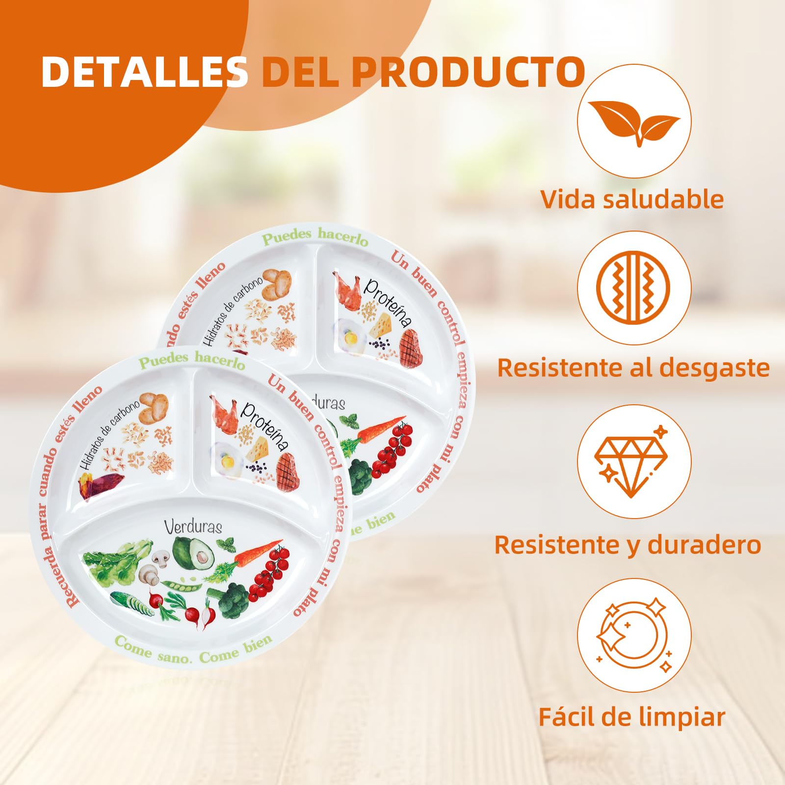 Plato de control de porciones para nutrición equilibrada – Platos de alimentación saludable para adultos y adolescentes – Separadores de melamina, pérdida de peso, diabetes (2)