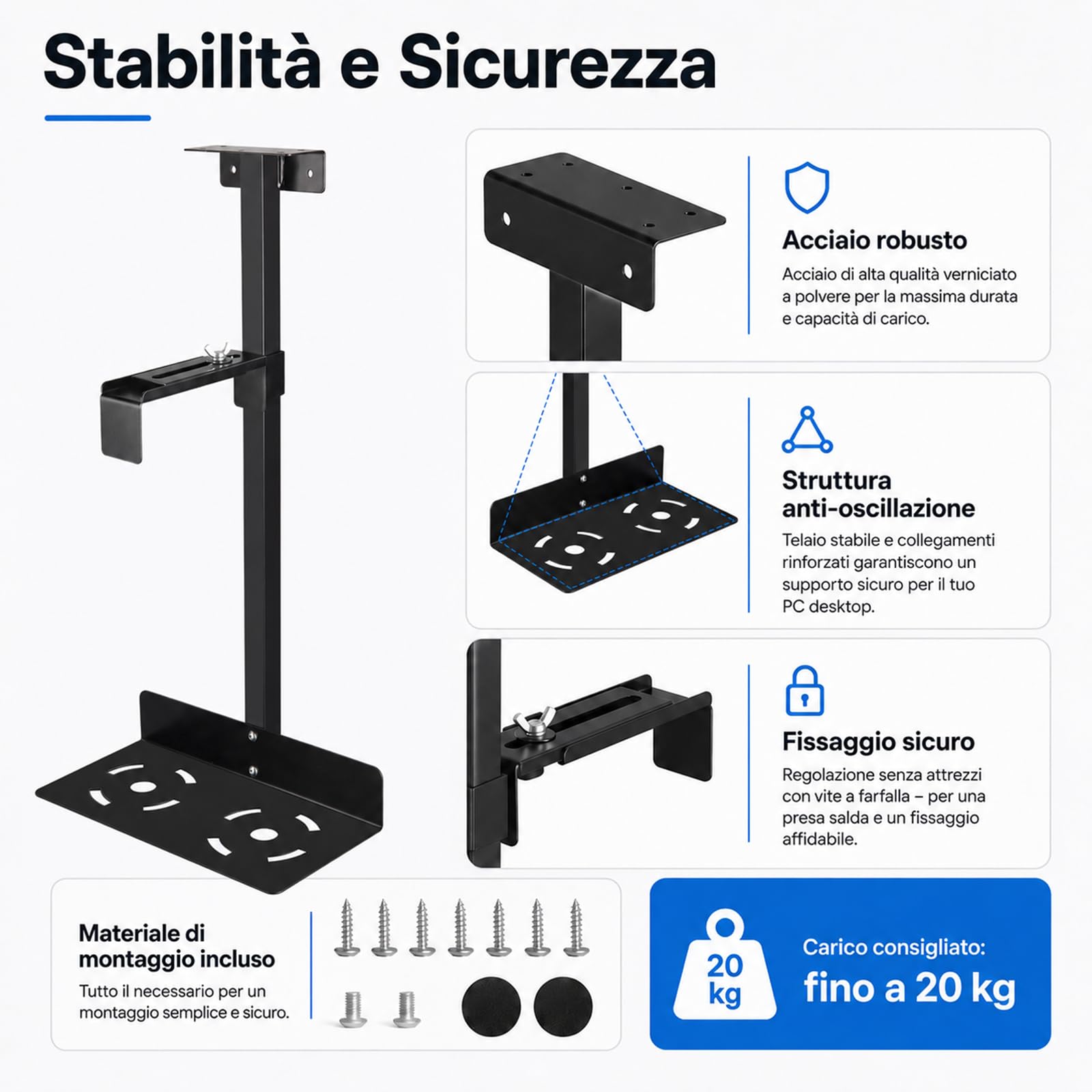 Supporto per PC sotto scrivania, scrivania regolabile in altezza, per la maggior parte delle case del computer, fino a 30 kg, altezza regolabile 50-530 mm, girevole a 360°