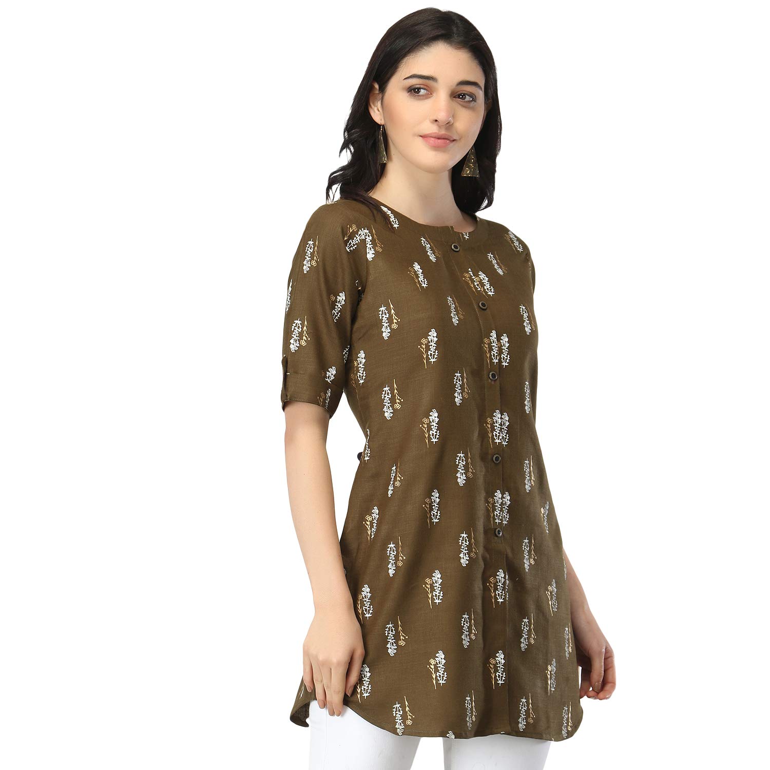 Om Sai Latest Creation Slub Rayon Fully Stitched Anarkali Foil Print Kurti For Women & Girls On Jeans Palazzo Or Skirt (Plus Size Upto 2Xl) (Black) (Brown, Small)