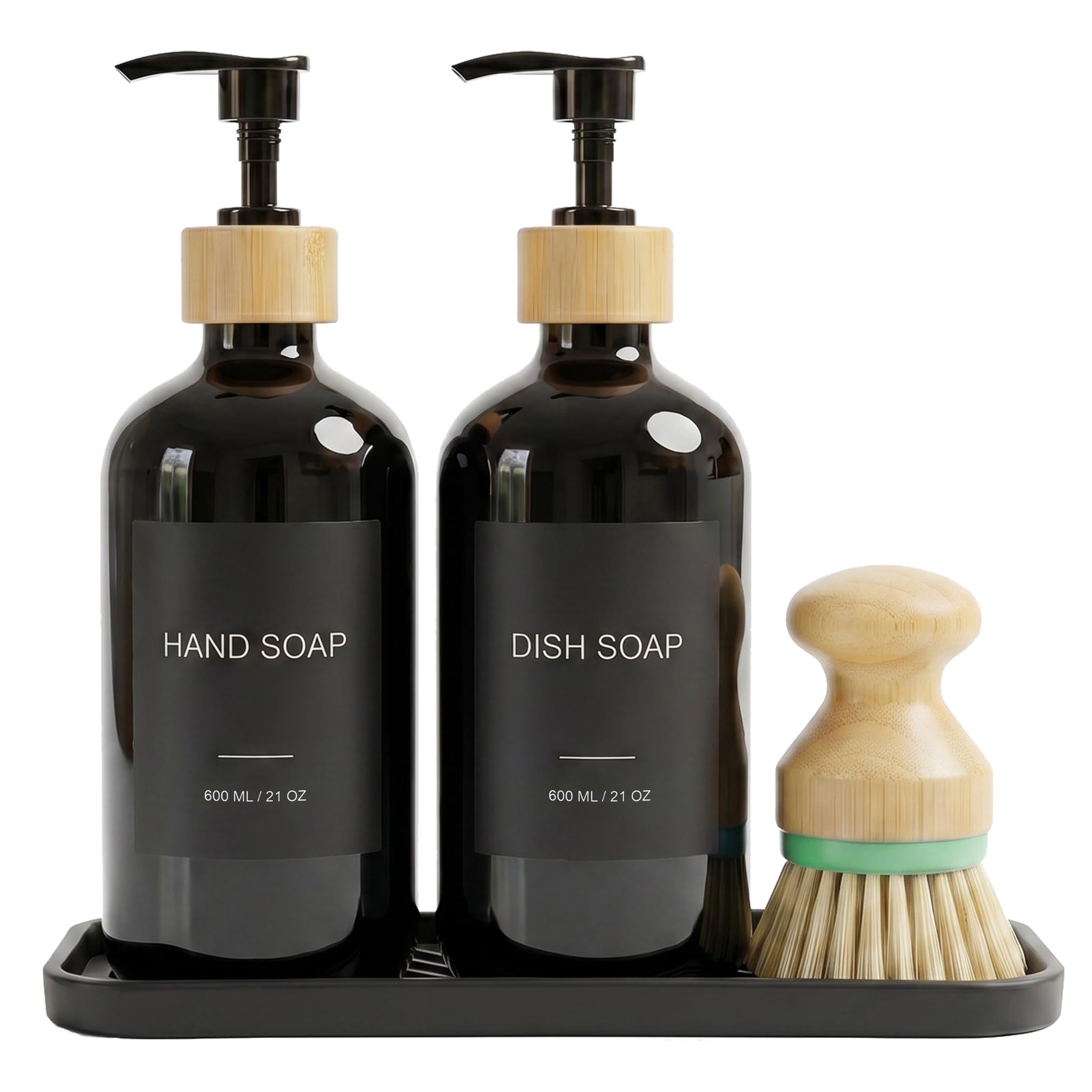 Hand & Dish Soap Dispenser with Dish Brush, Washing Up Liquid Dispenser Set 600ml/21oz, PET Plastic Bottle with Bamboo Pump, Silicone Tray & 8 Waterproof Labels for Kitchen Sink (Black)